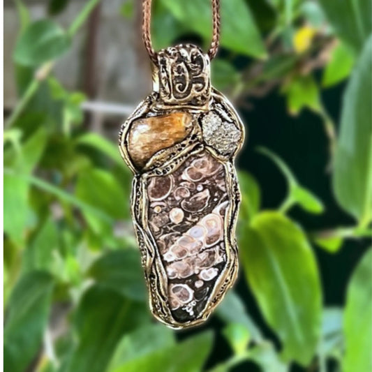 Crystal Pendant Necklace with Citrine, Pyrite, Turritella Agate - Unique Amulet