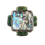 Abalone and Jade Green Stone Ring - Chunky Square Oversized Cocktail Ring