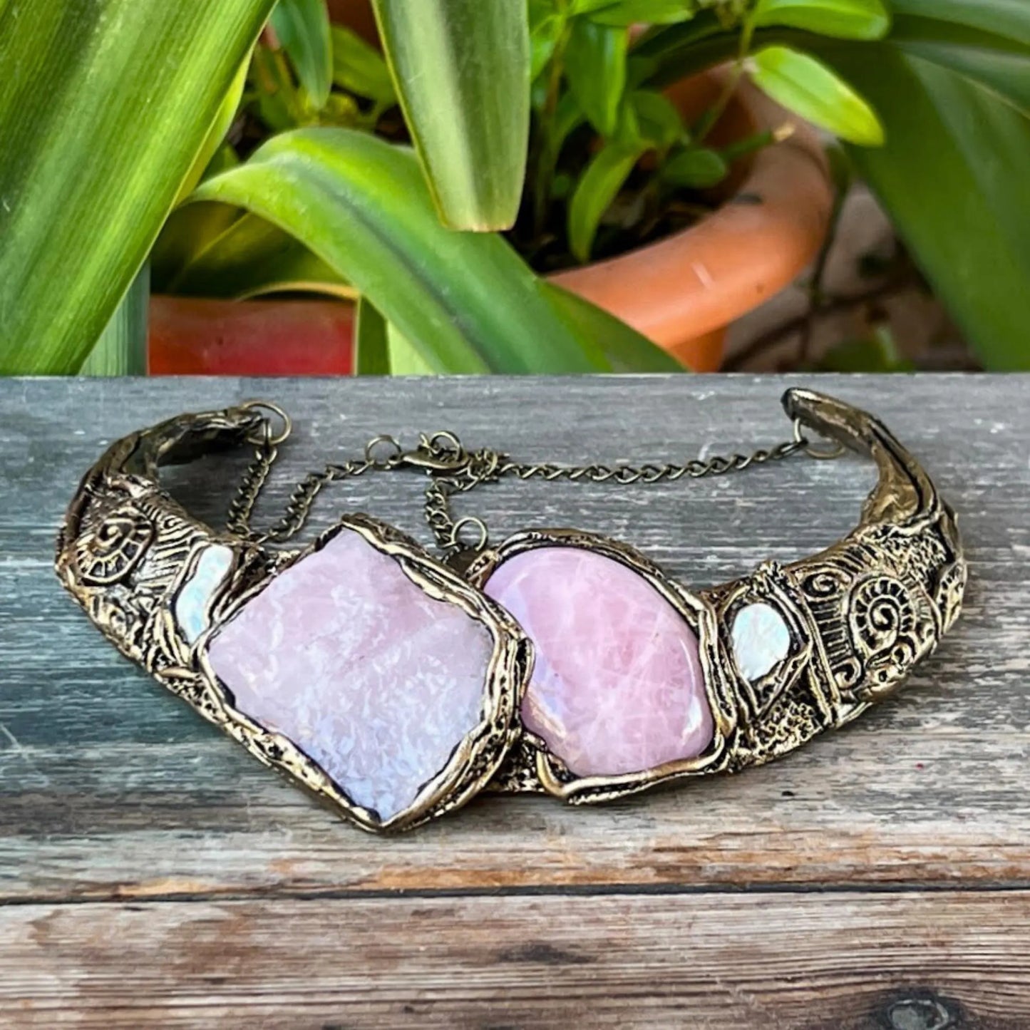 Rose Quartz Chunky Choker Collar Necklace - Statement Gemstone Jewelry