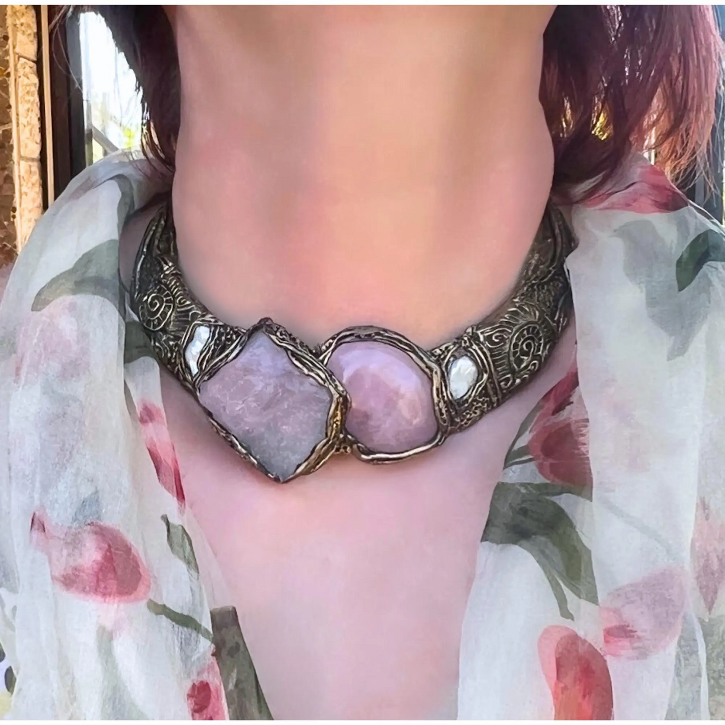 Rose Quartz Chunky Choker Collar Necklace - Statement Gemstone Jewelry