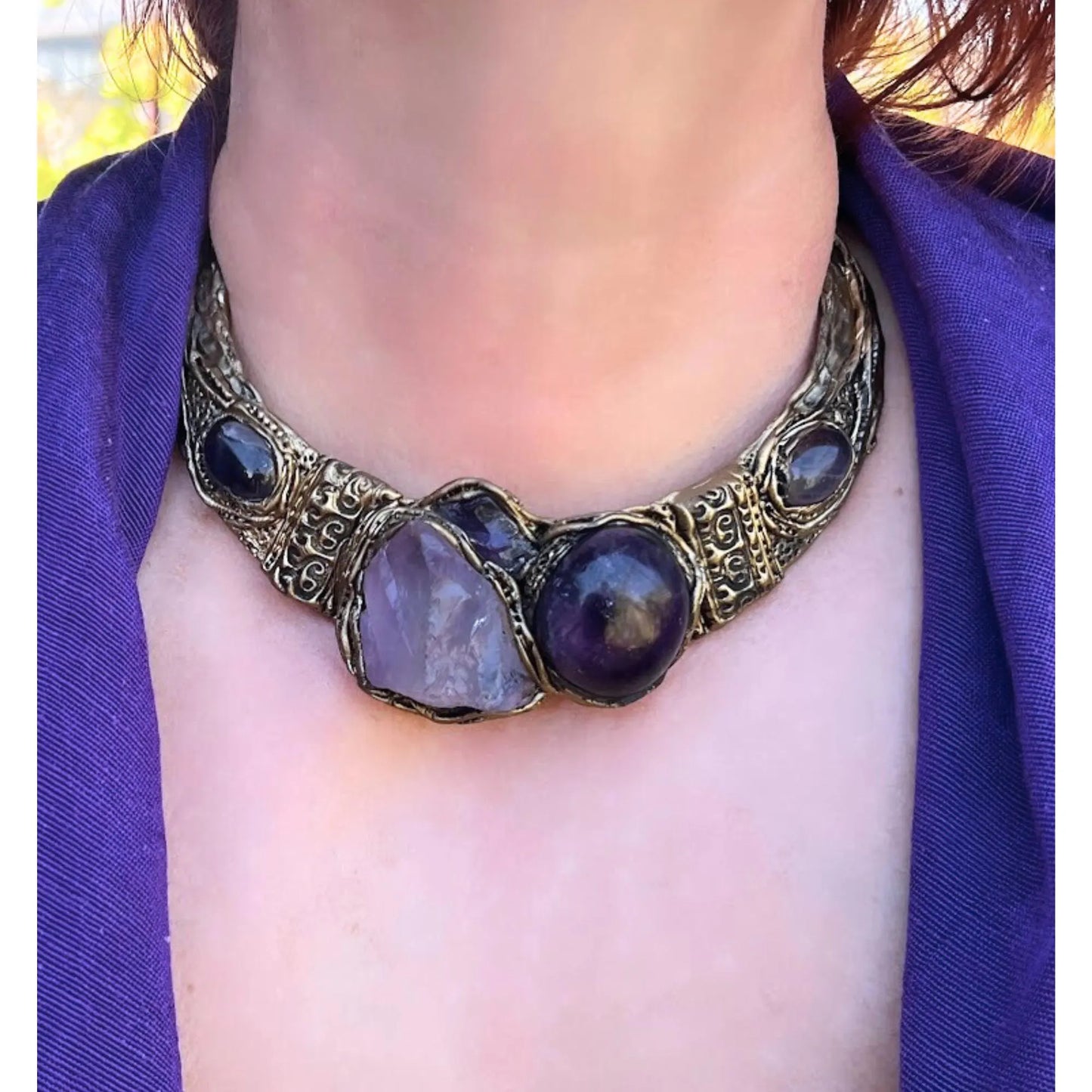 Amethyst Chunky Necklace - Boho Crystal Purple Jewelry, Unique Gift for Her