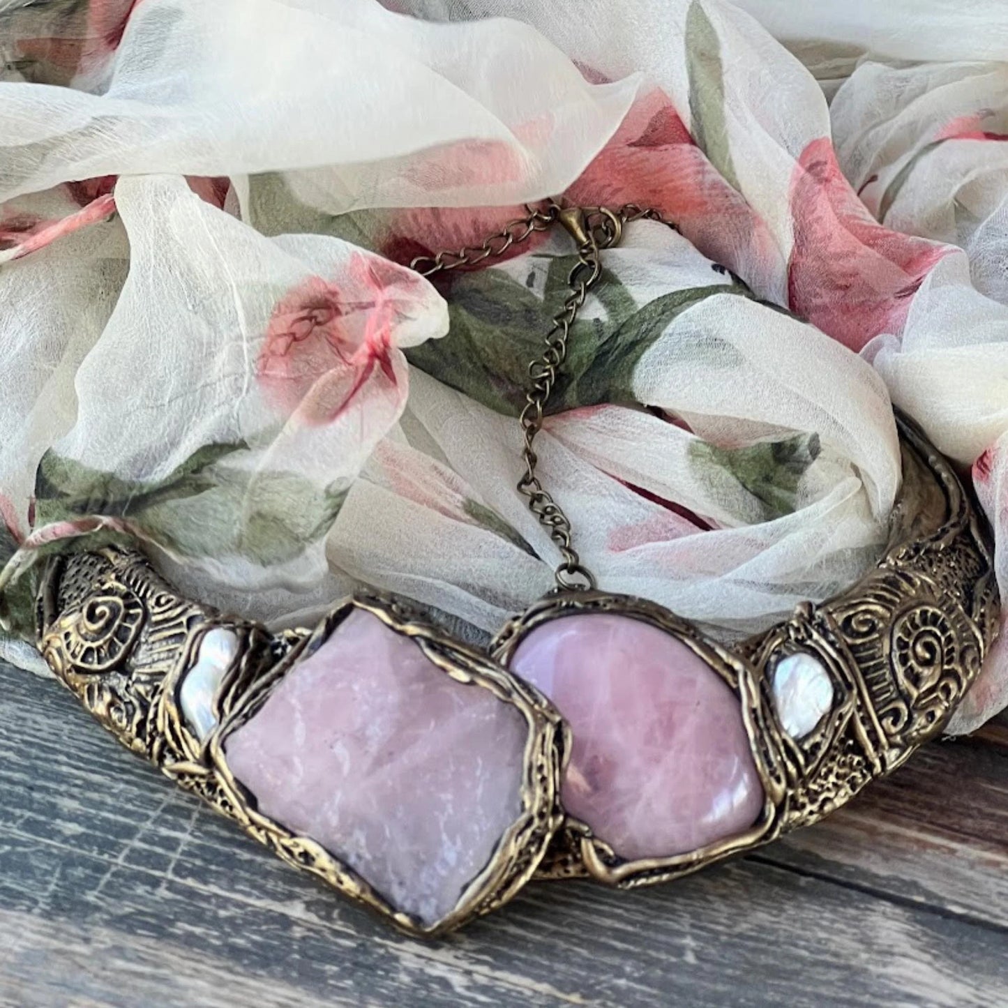 Rose Quartz Chunky Choker Collar Necklace - Statement Gemstone Jewelry