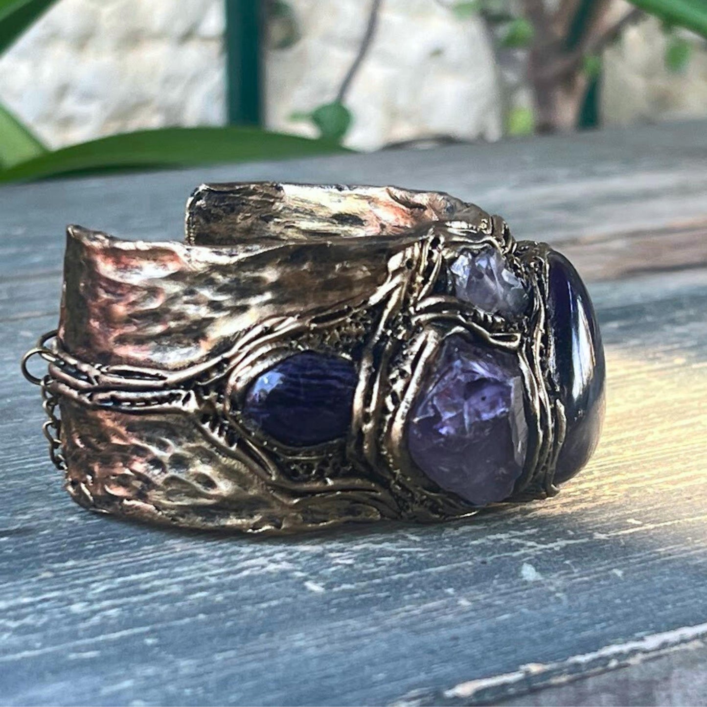 Amethyst Crystal Cuff Bracelet - Boho Statement Jewelry - Unique Gift for Her