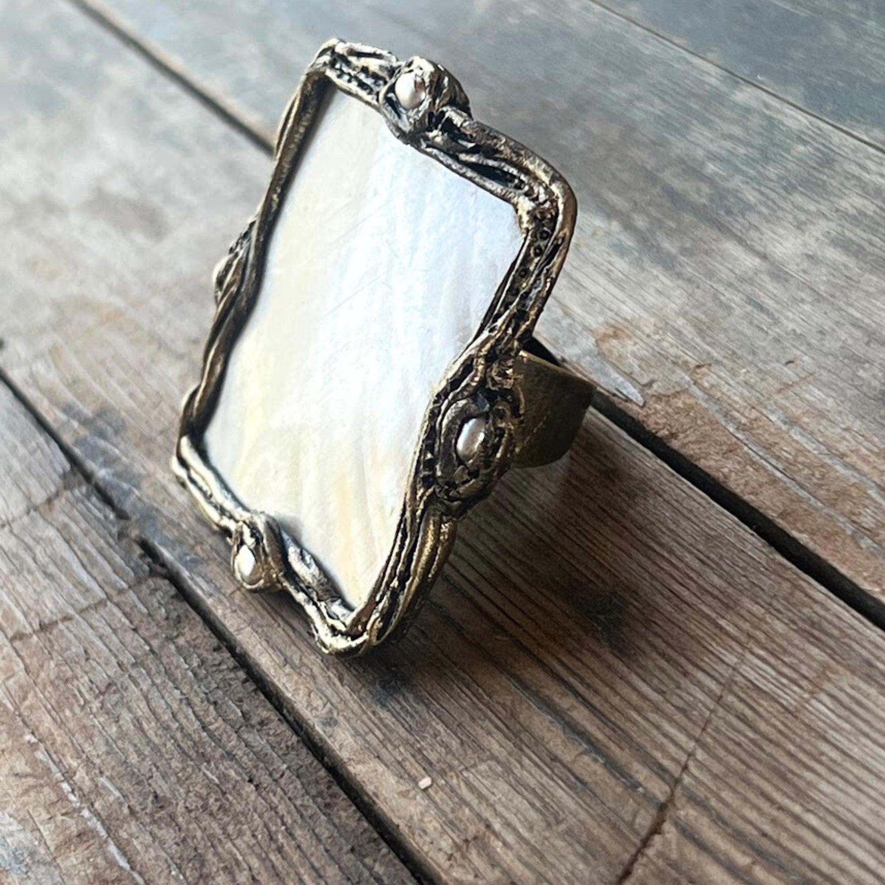Chunky Mother of Pearl Ring: Oversized Square Cocktail Ring