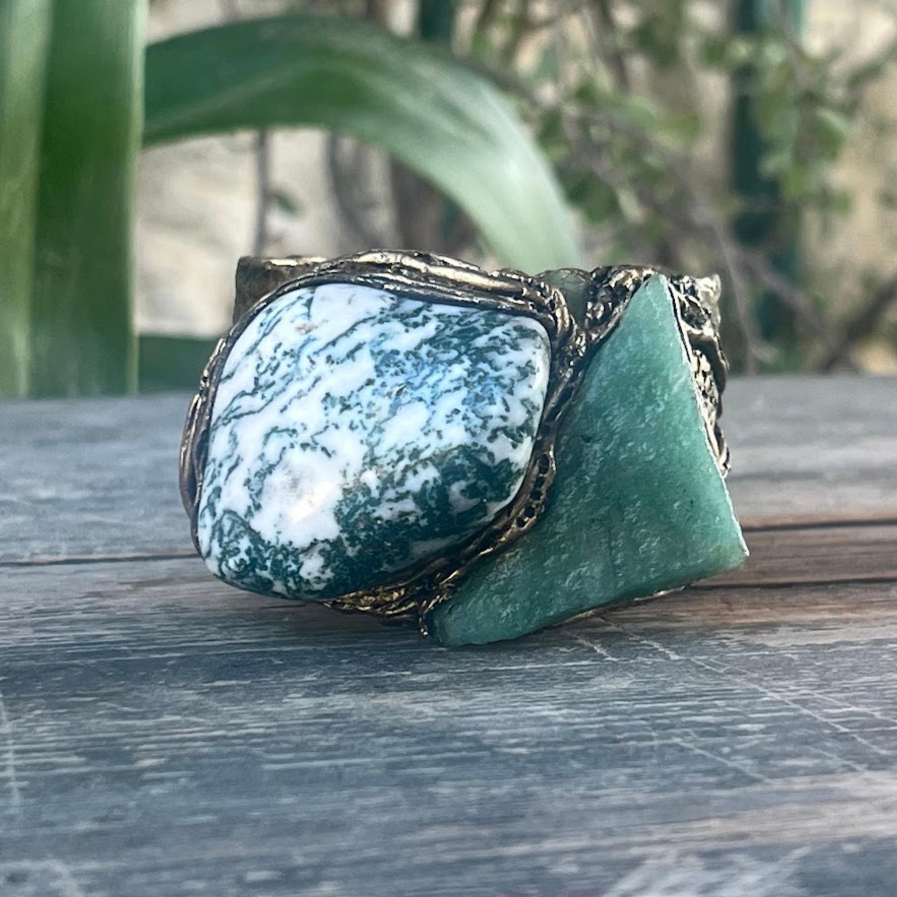 Large Cuff Bracelet with Green Aventurine and Tree Agate - Statement Gemstone Jewelry