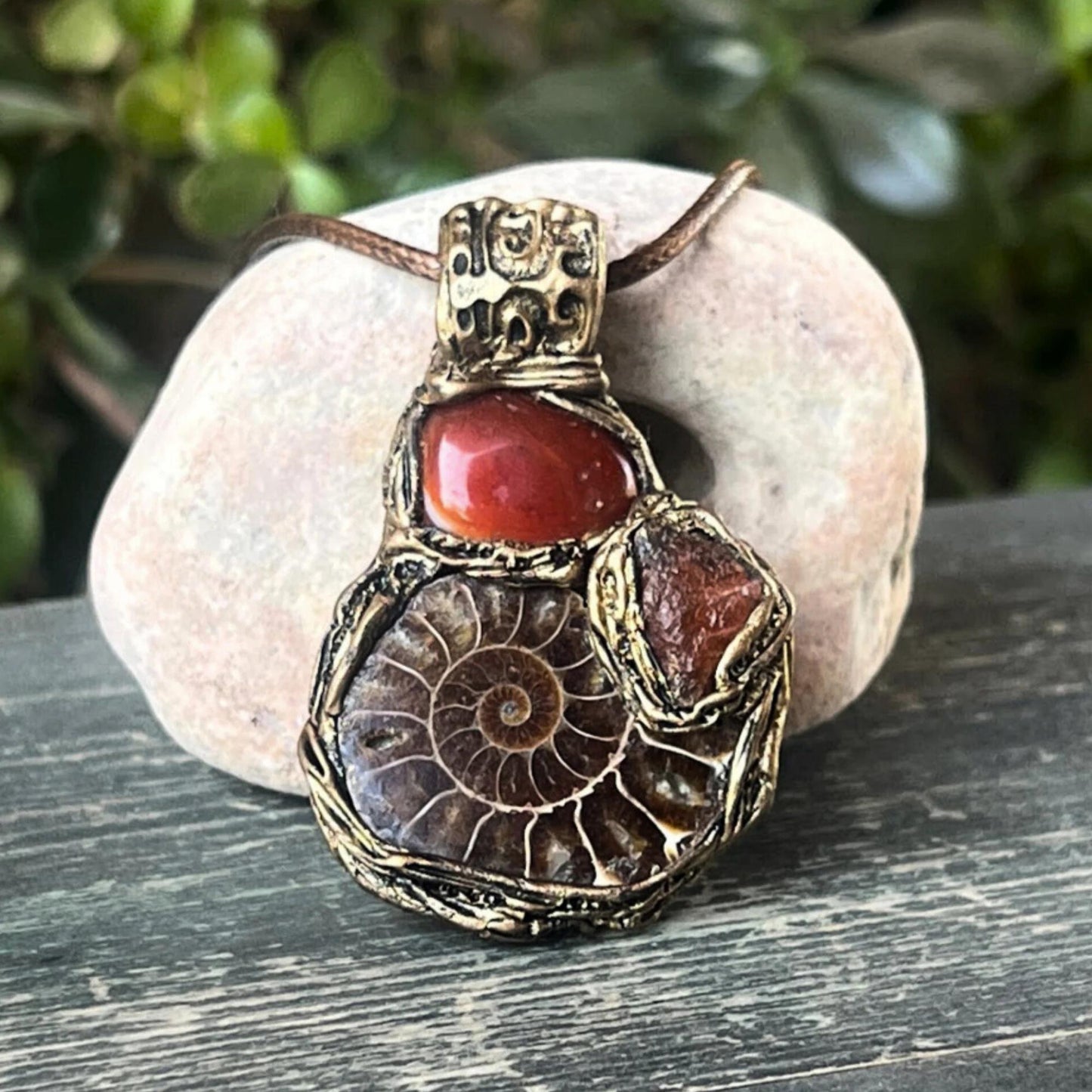 Ammonite Fossil, Carnelian & Sunstone Necklace - Healing Crystal Pendant