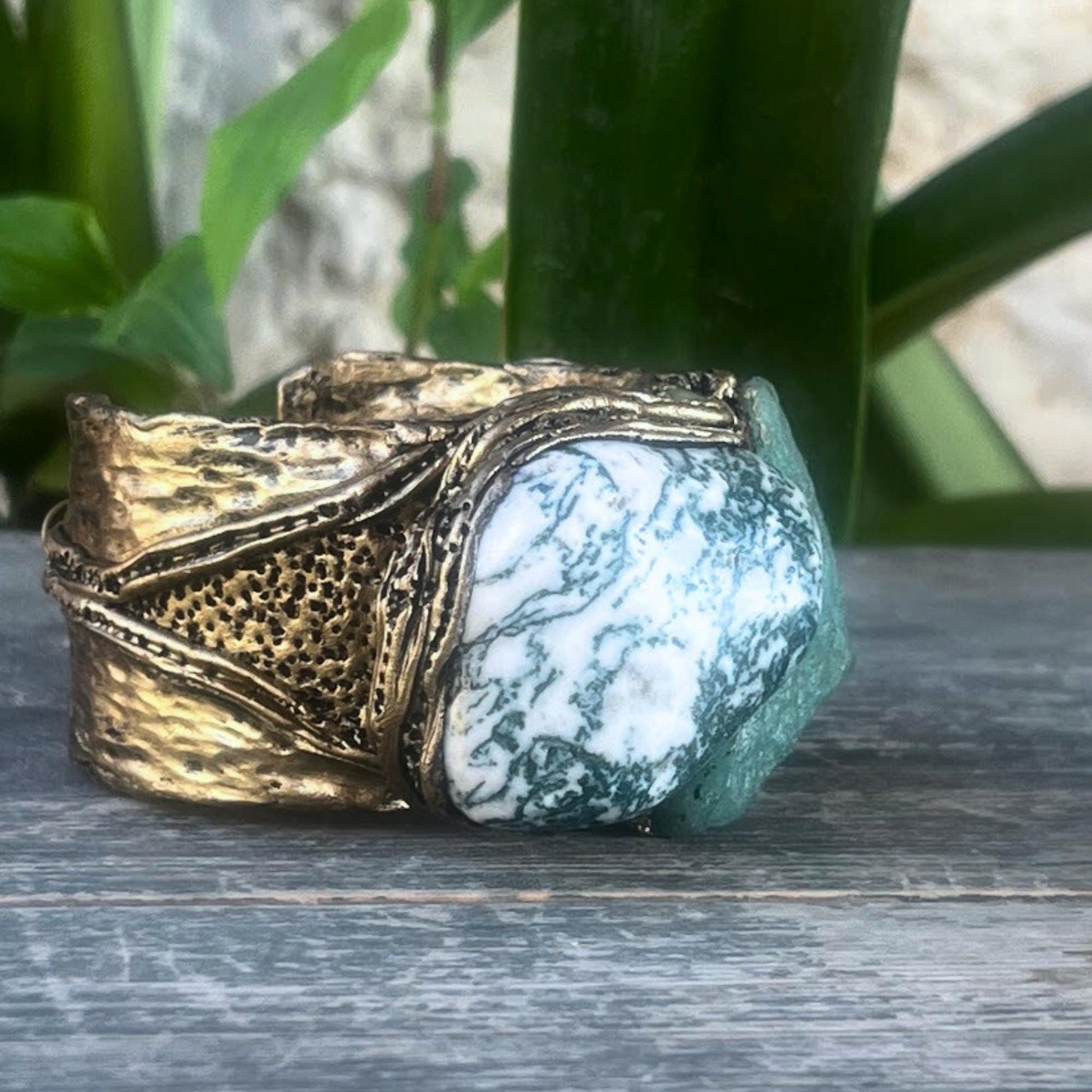 Large Cuff Bracelet with Green Aventurine and Tree Agate - Statement Gemstone Jewelry