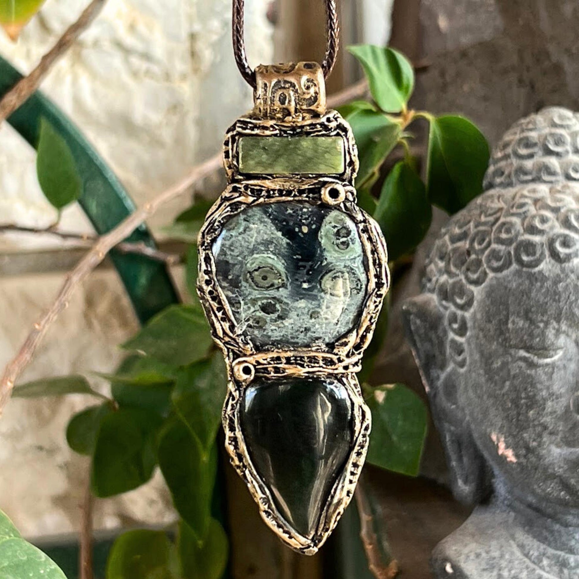 Jade and Kambaba Jasper Pendant Necklace -  Green Healing Crystal Amulet for Balance and Protection