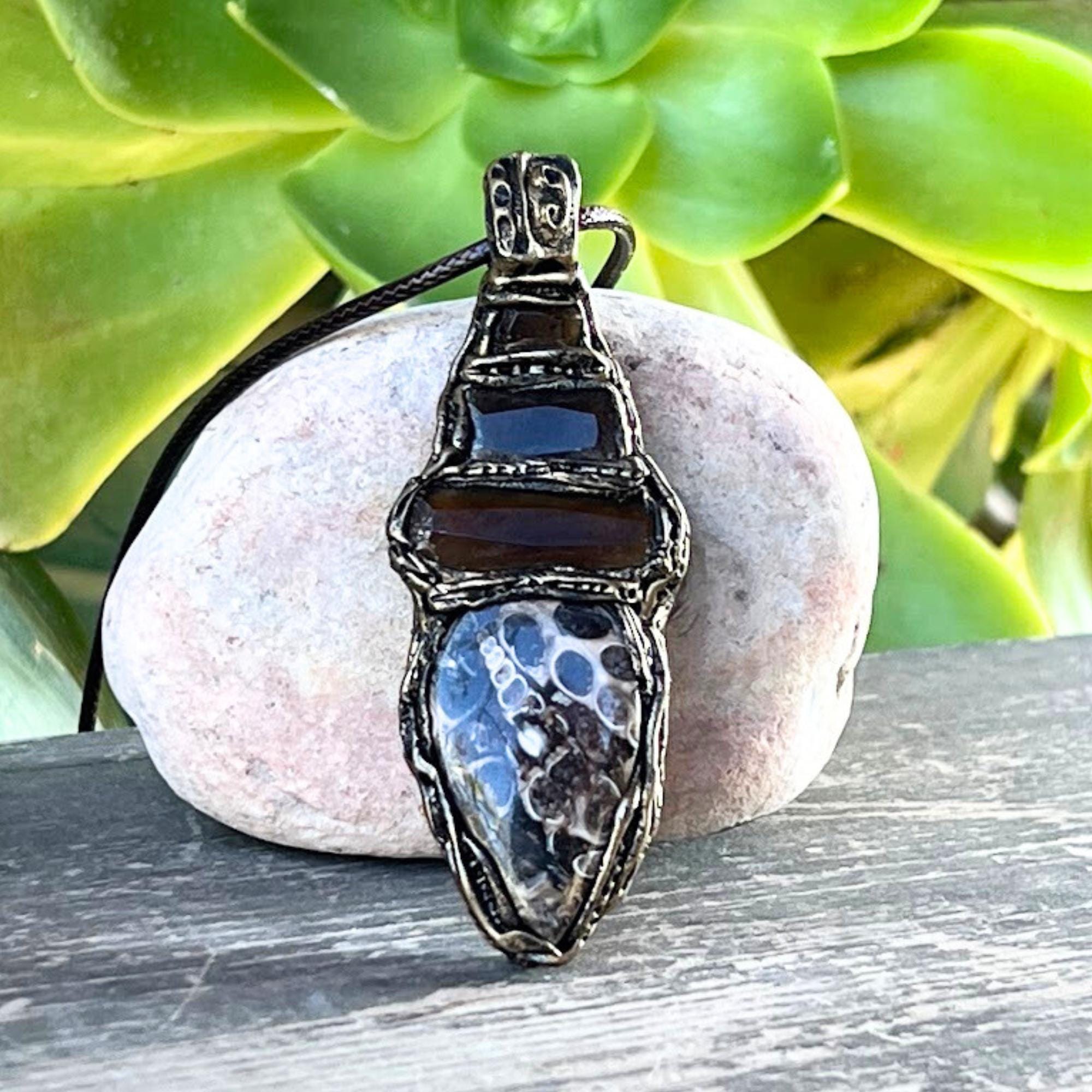 Turritella Agate and Smoky Quartz Pendant Necklace -  Business Success Crystal Amulet