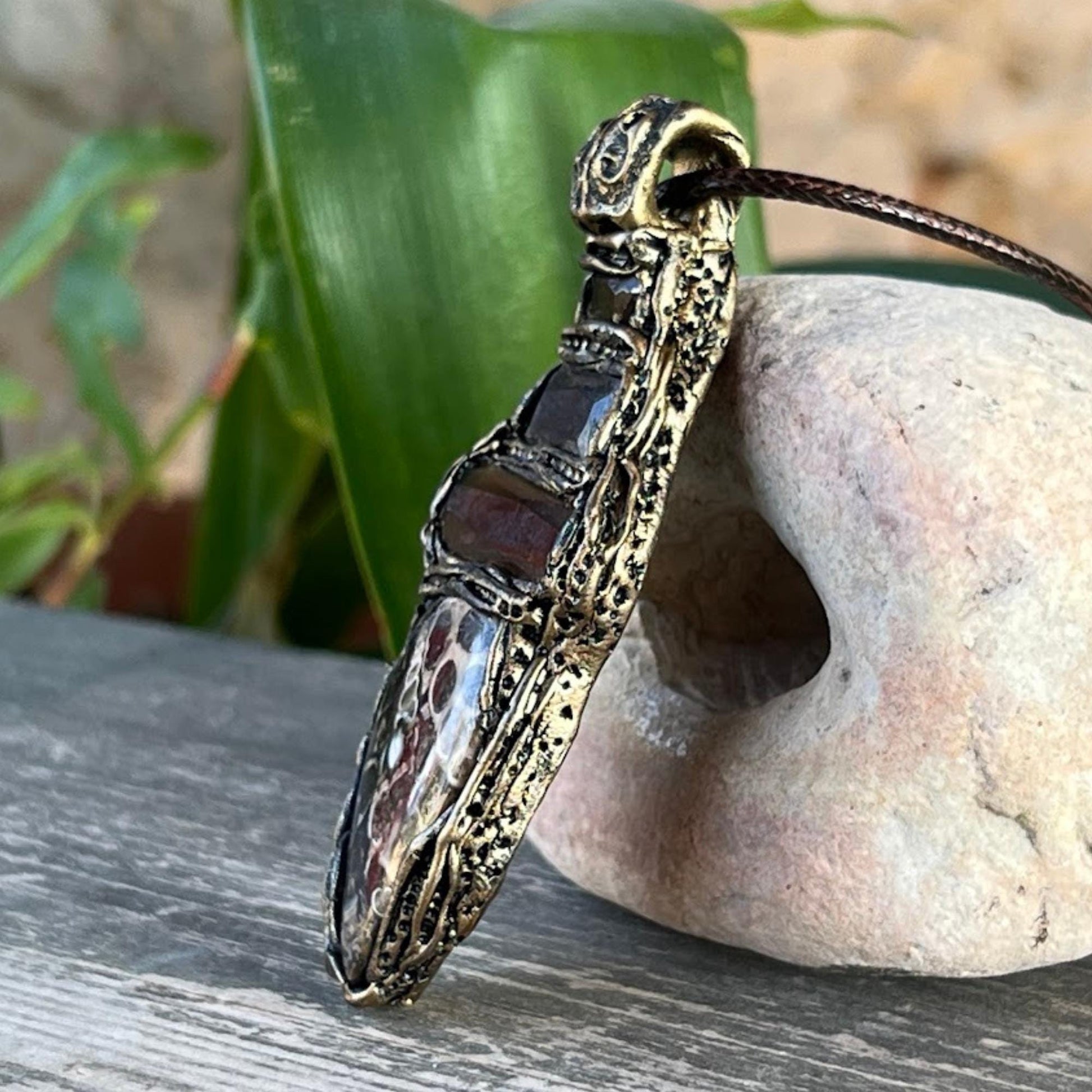 Turritella Agate and Smoky Quartz Pendant Necklace -  Business Success Crystal Amulet