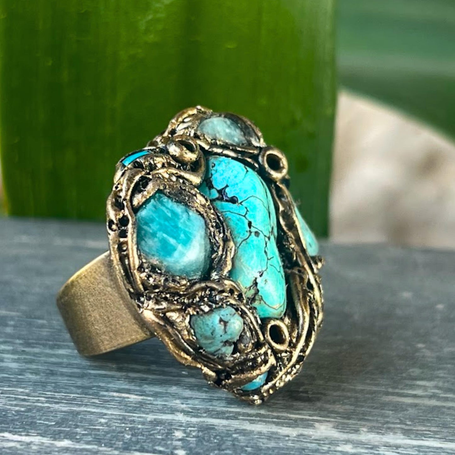 Chunky Turquoise Amazonite Ring: Raw Crystal Statement Cocktail Ring