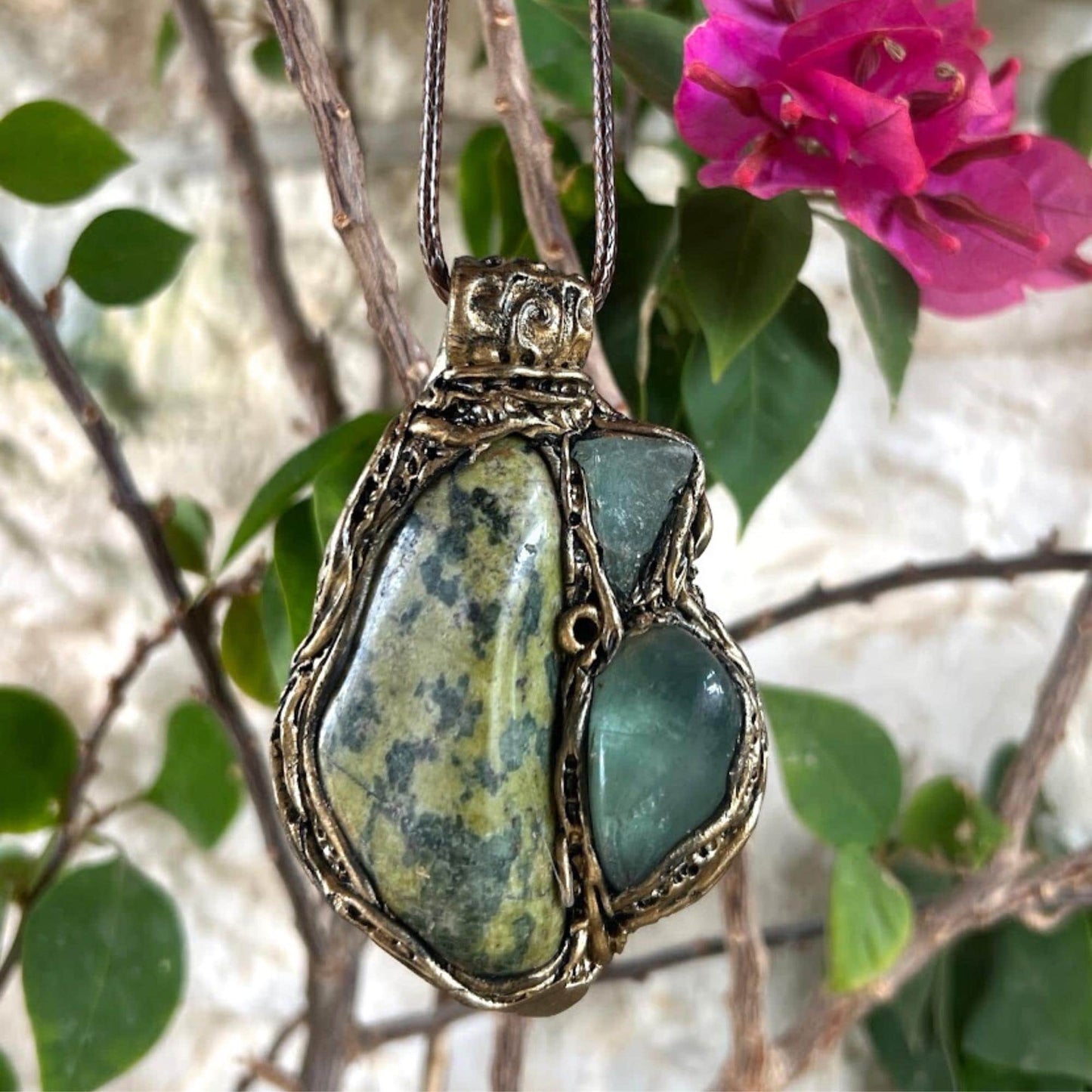 Serpentine and Fluorite Pendant Necklace -  Green Crystal Amulet