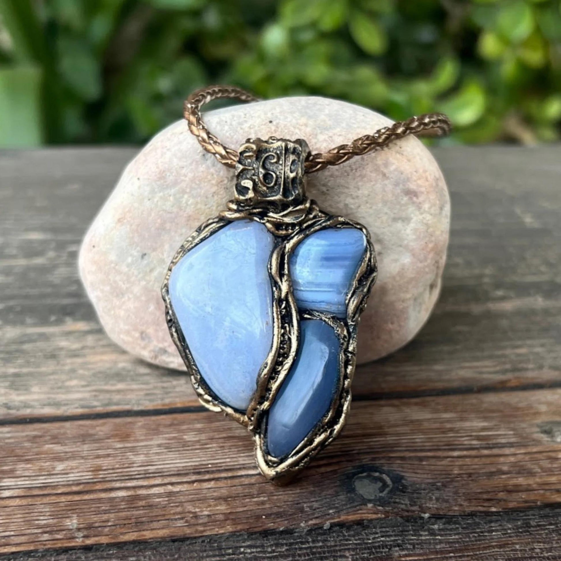 Blue Lace Agate and Chalcedony Necklace -  Healing Crystal Amulet Pendant