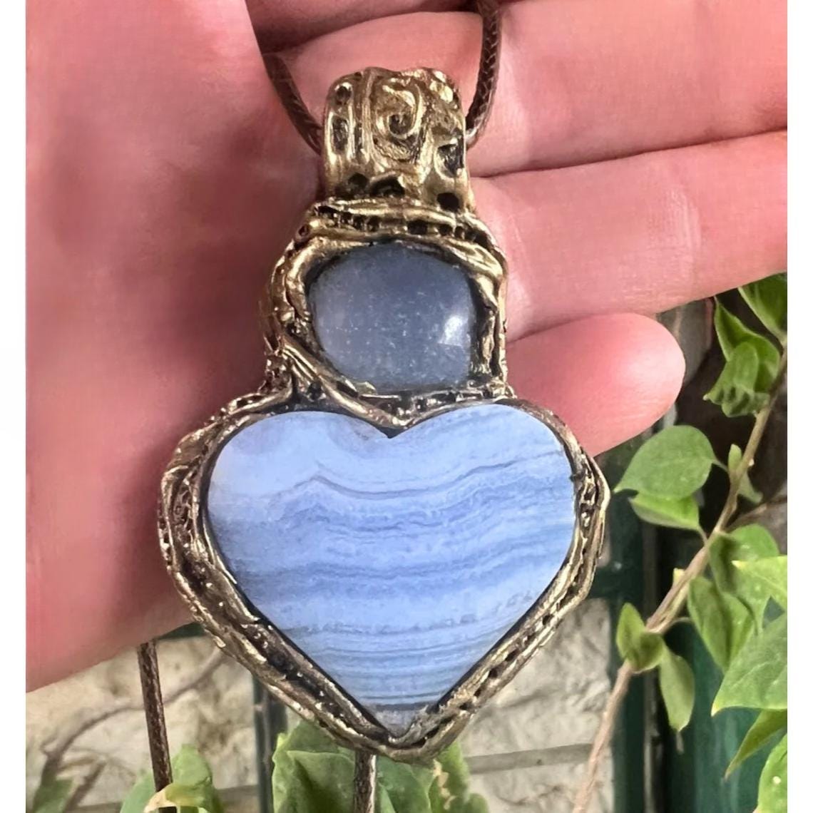 Blue Lace Agate and Chalcedony Heart Stone Pendant Necklace - Healing Crystal Amulet