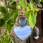 Blue Lace Agate and Chalcedony Heart Stone Pendant Necklace - Healing Crystal Amulet