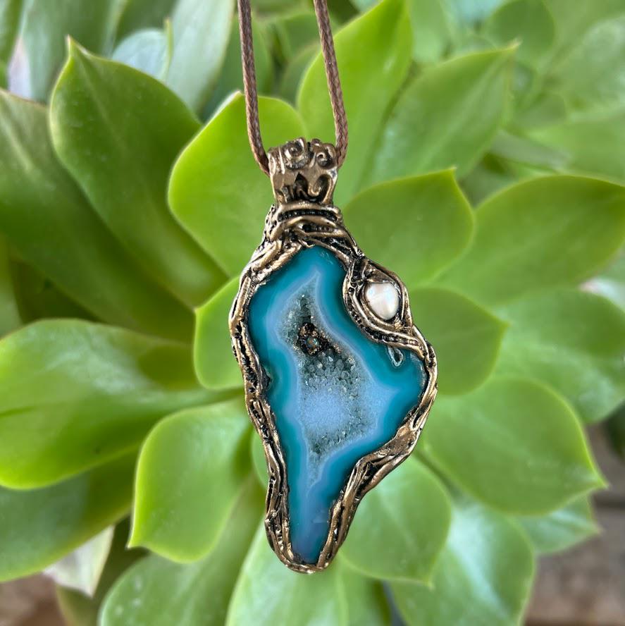 Blue Druzy Agate and Pearl Large Stone Pendant -  Teal Crystal Statement Necklace
