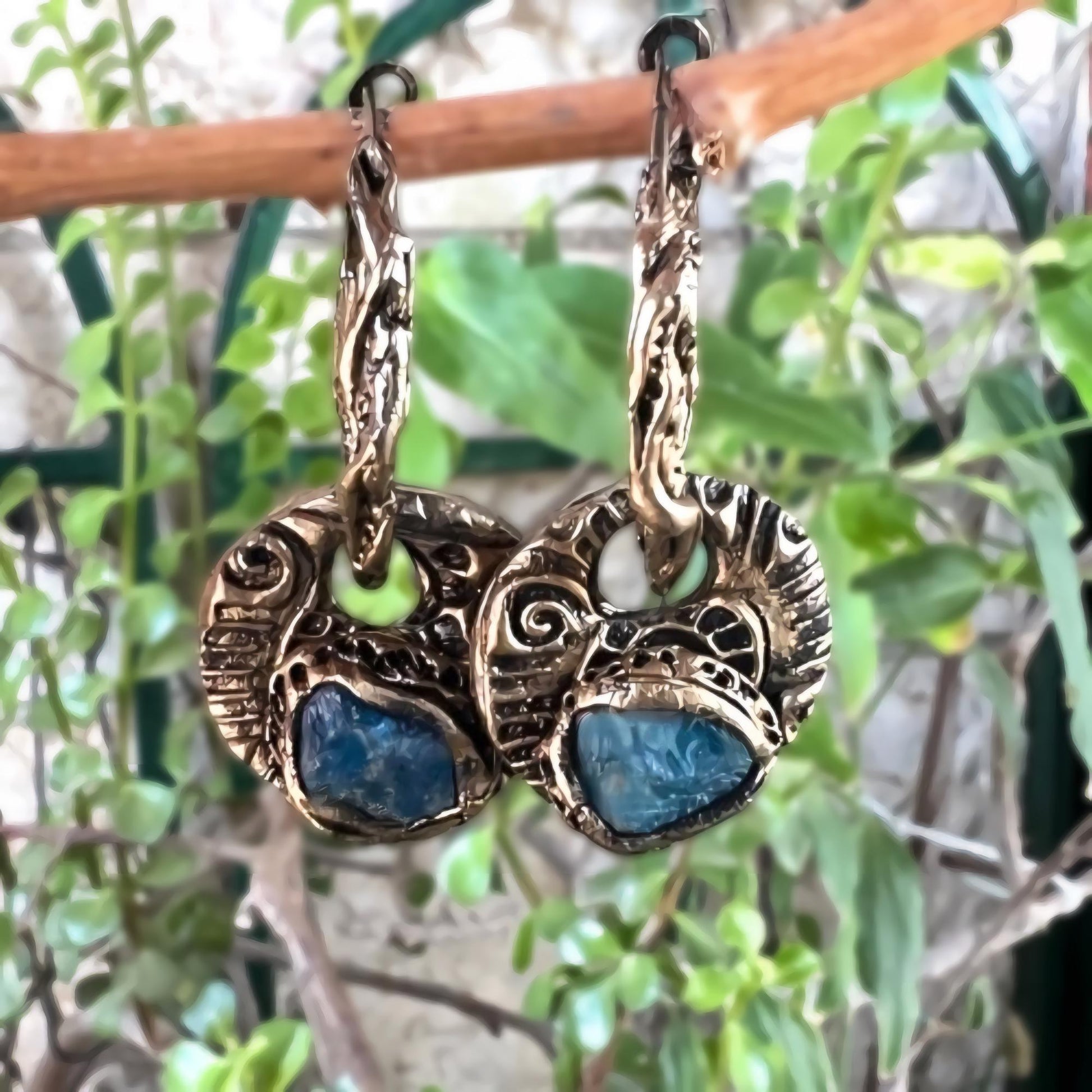 Blue Apatite Hoop Earrings -  Raw Crystal Charm Earrings