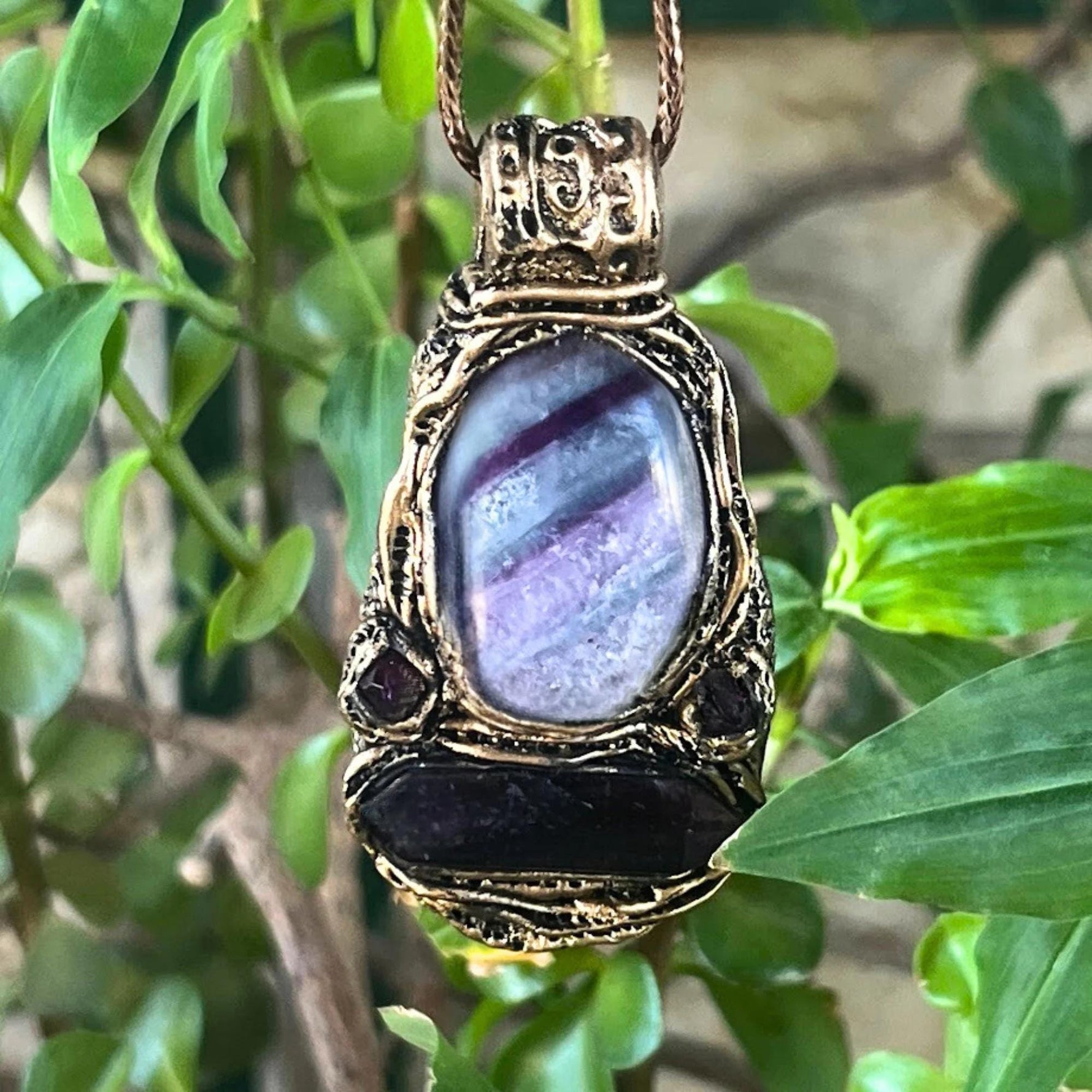 Fluorite and Amethyst Pendant Necklace -  Purple Crystal Amulet