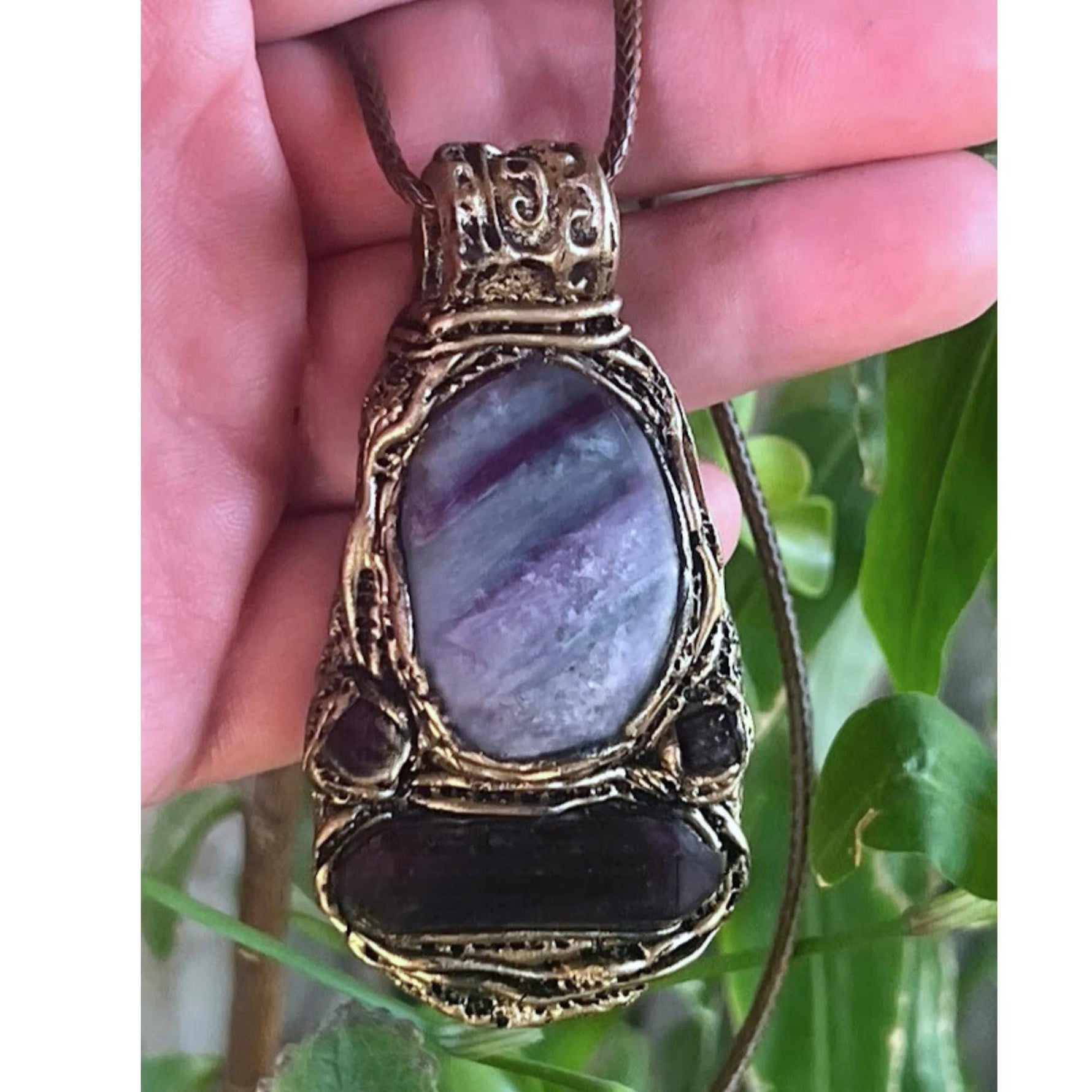 Fluorite and Amethyst Pendant Necklace -  Purple Crystal Amulet