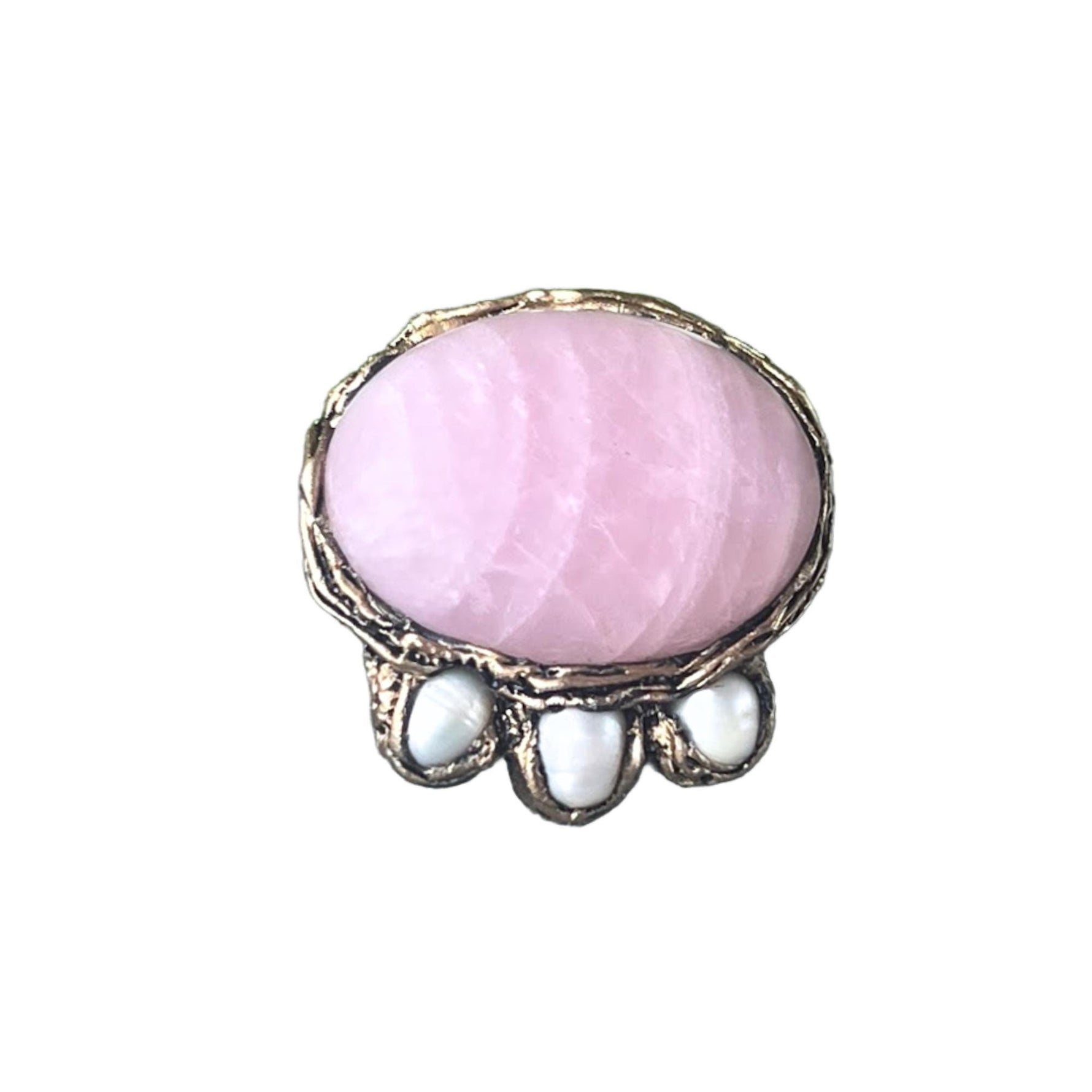 Rose Quartz Chunky Cocktail Ring with Pearls - Adjustable Boho Ring