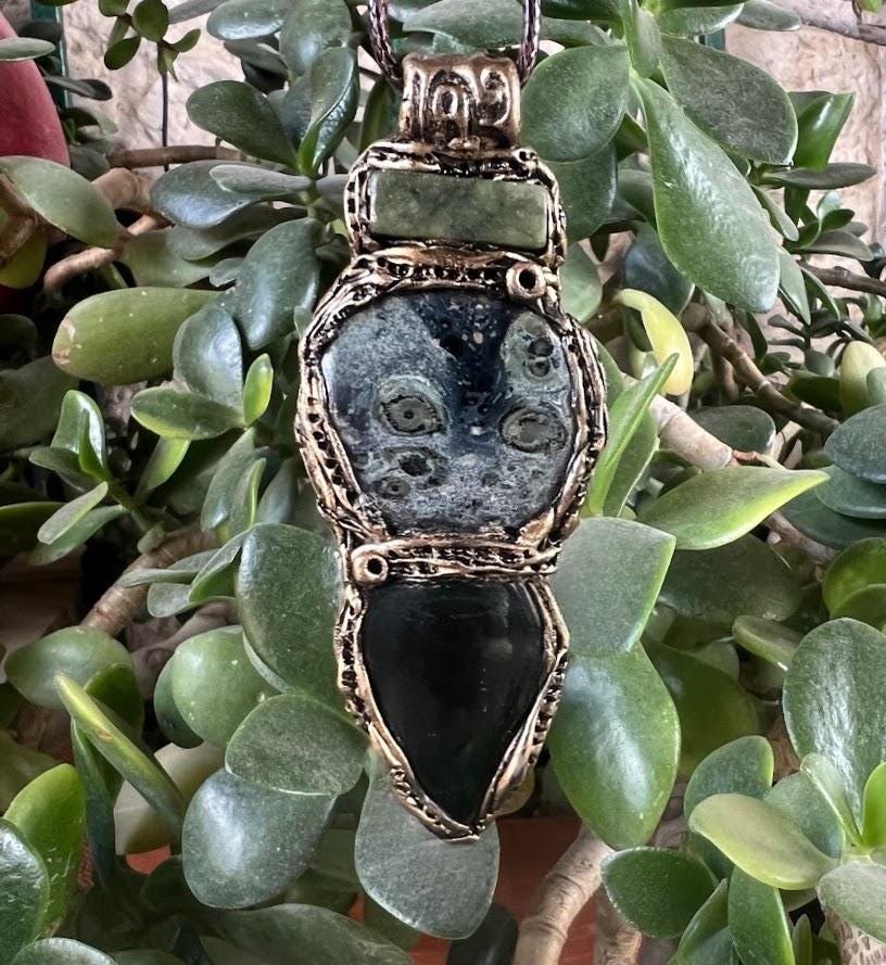 Jade and Kambaba Jasper Pendant Necklace -  Green Healing Crystal Amulet for Balance and Protection
