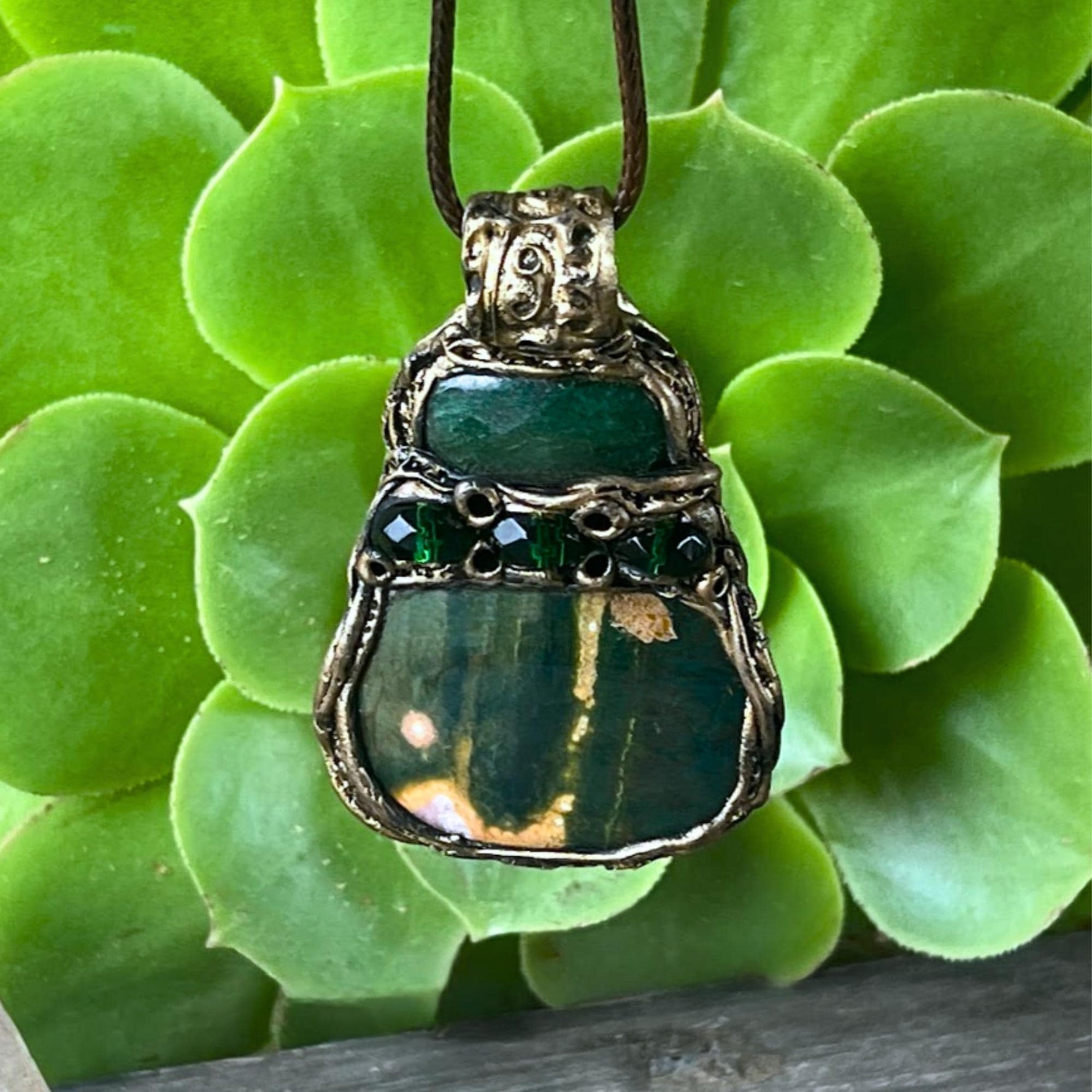 Jade and Ocean Jasper Pendant Necklace -  Green Stone Healing Crystal Amulet