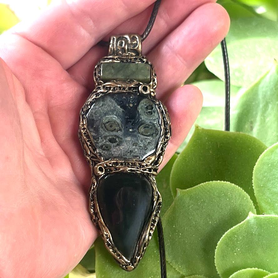 Jade and Kambaba Jasper Pendant Necklace -  Green Healing Crystal Amulet for Balance and Protection