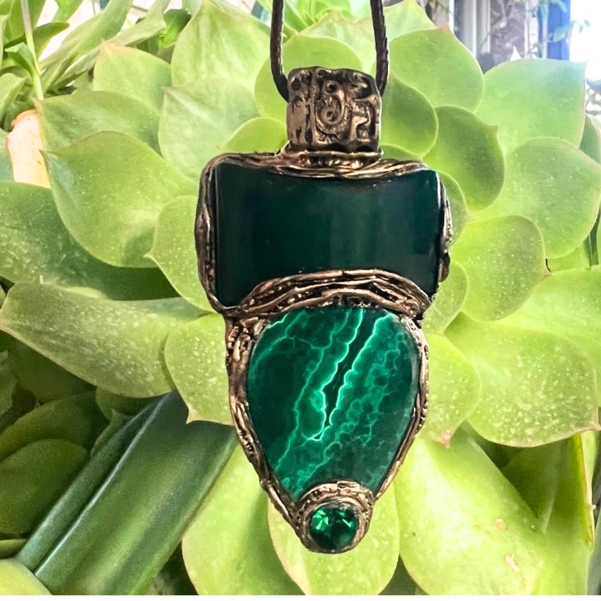 Malachite and Jade Green Large Stone Amulet Necklace