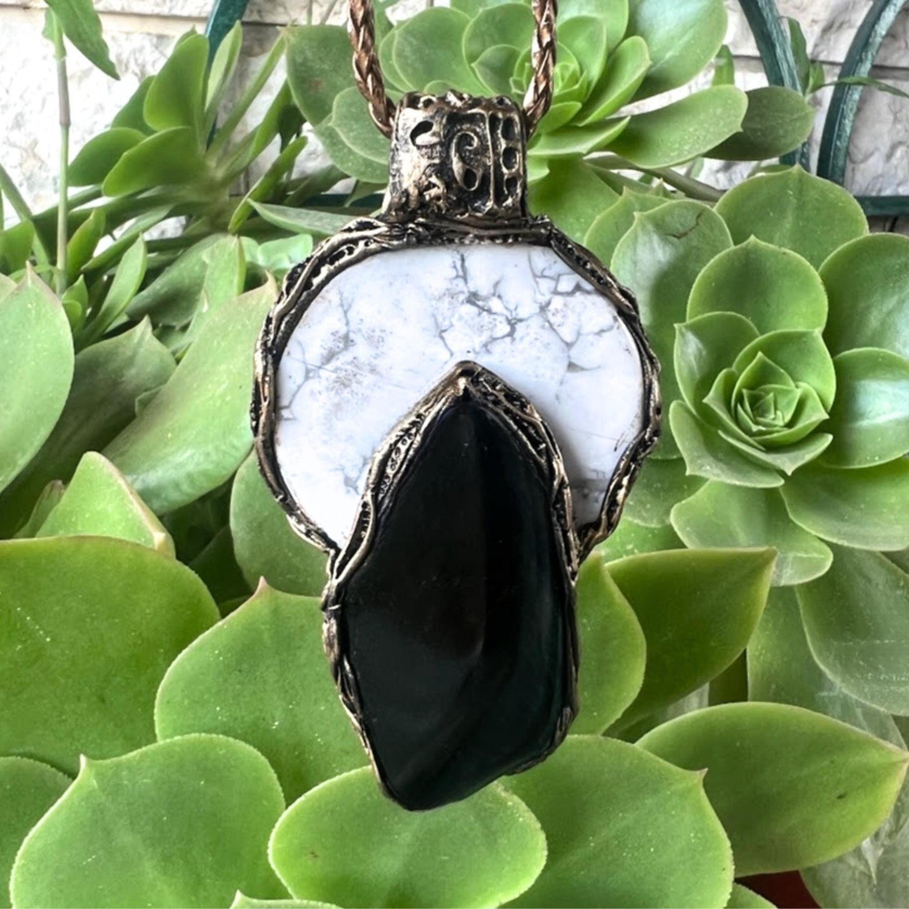Black and White Hawk’s Eye Howlite Pendant Necklace -  Large Stone Statement Amulet