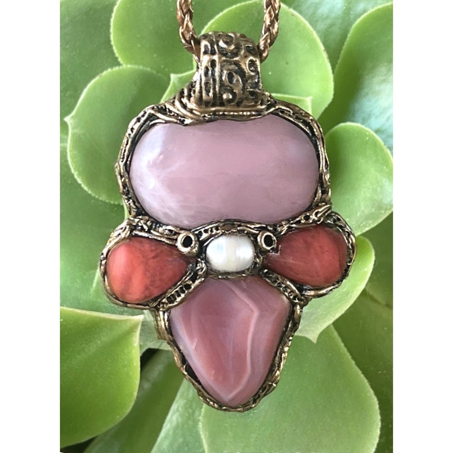 Rose Quartz and Peach Agate Pendant Necklace -  Pink Healing Stone Amulet