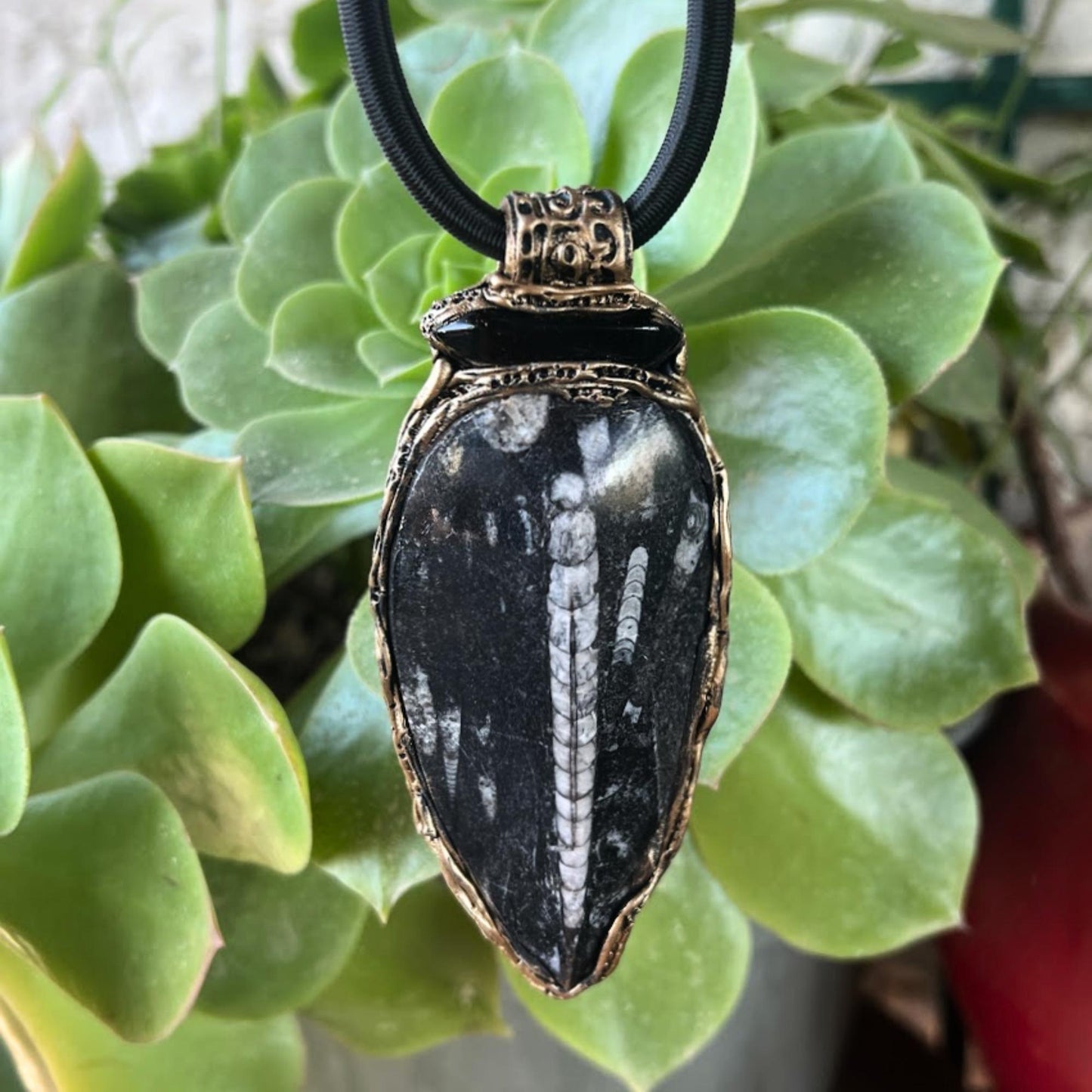 Black Onyx Pendant Beaded Necklace with Large Fossil - Bold Statement Gemstone Jewelry