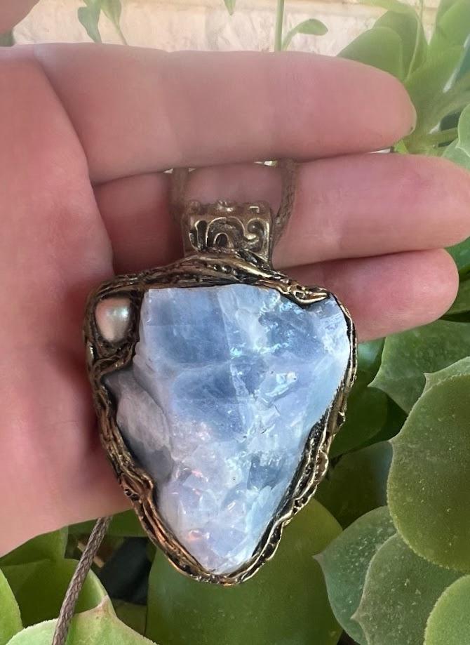 Raw Blue Calcite Crystal Pendant Necklace - Healing Stone Jewelry