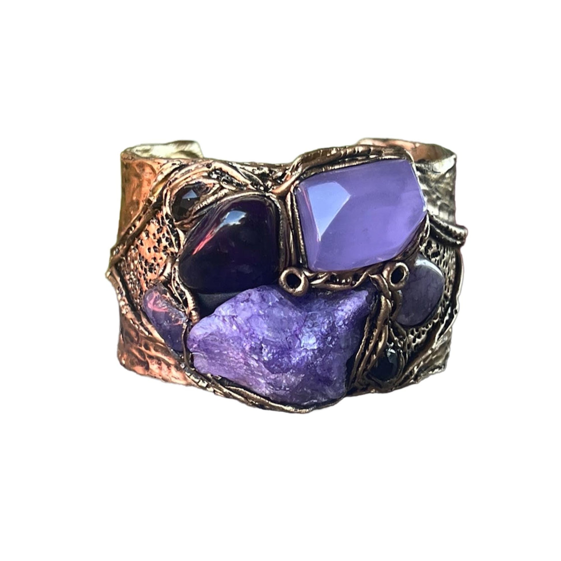 Purple Gemstone Bracelet: Raw Crystal Wide Cuff with Quartz Agate and Chalcedony