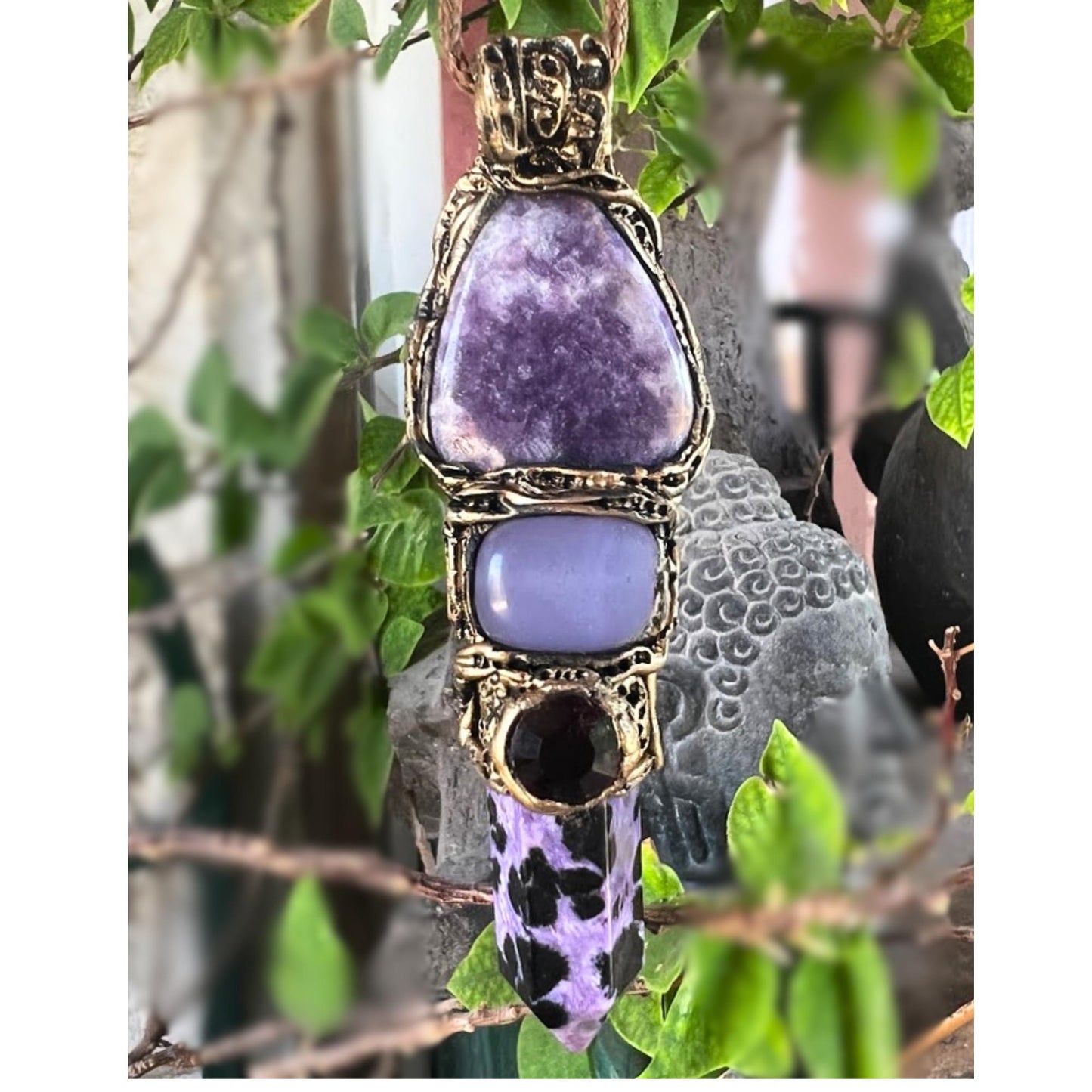 Lepidolite Charoite and Chalcedony Necklace - Purple Crystal Amulet