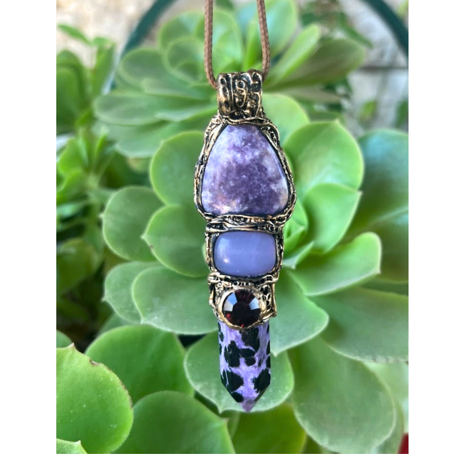 Lepidolite Charoite and Chalcedony Necklace - Purple Crystal Amulet