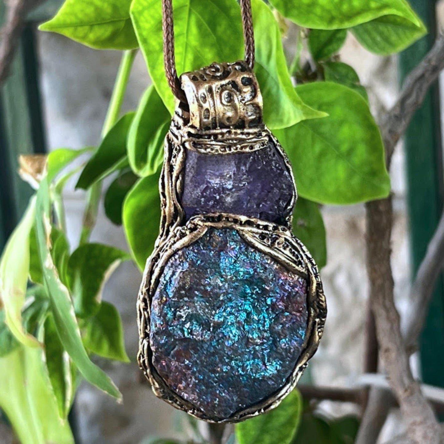 Amethyst Peacock Ore Necklace - Healing Crystal Amulet Pendant