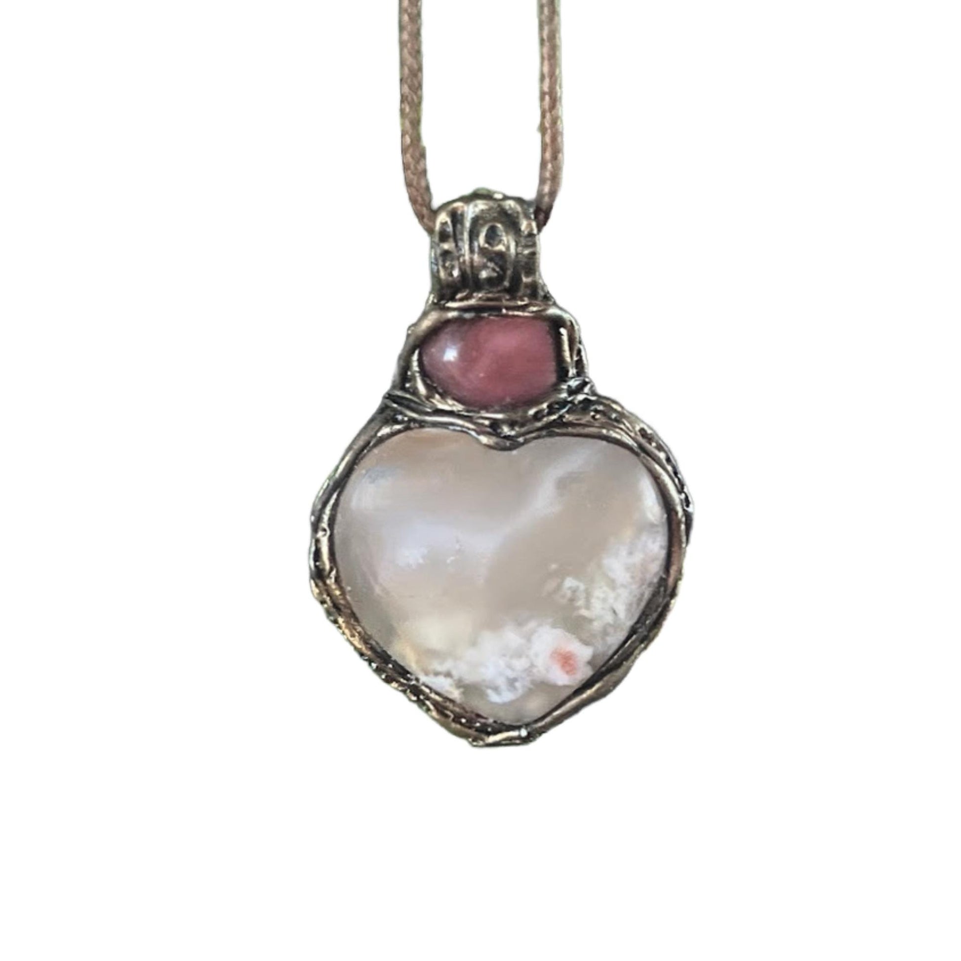 Flower Agate and Cherry Quartz Heart Pendant -  Healing Crystal Amulet Necklace
