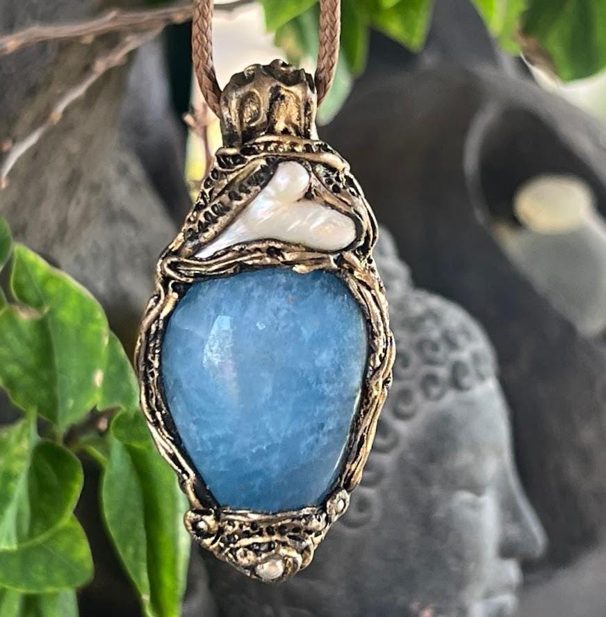Aquamarine and Pearl Teardrop Pendant Necklace -  Healing Crystal Amulet