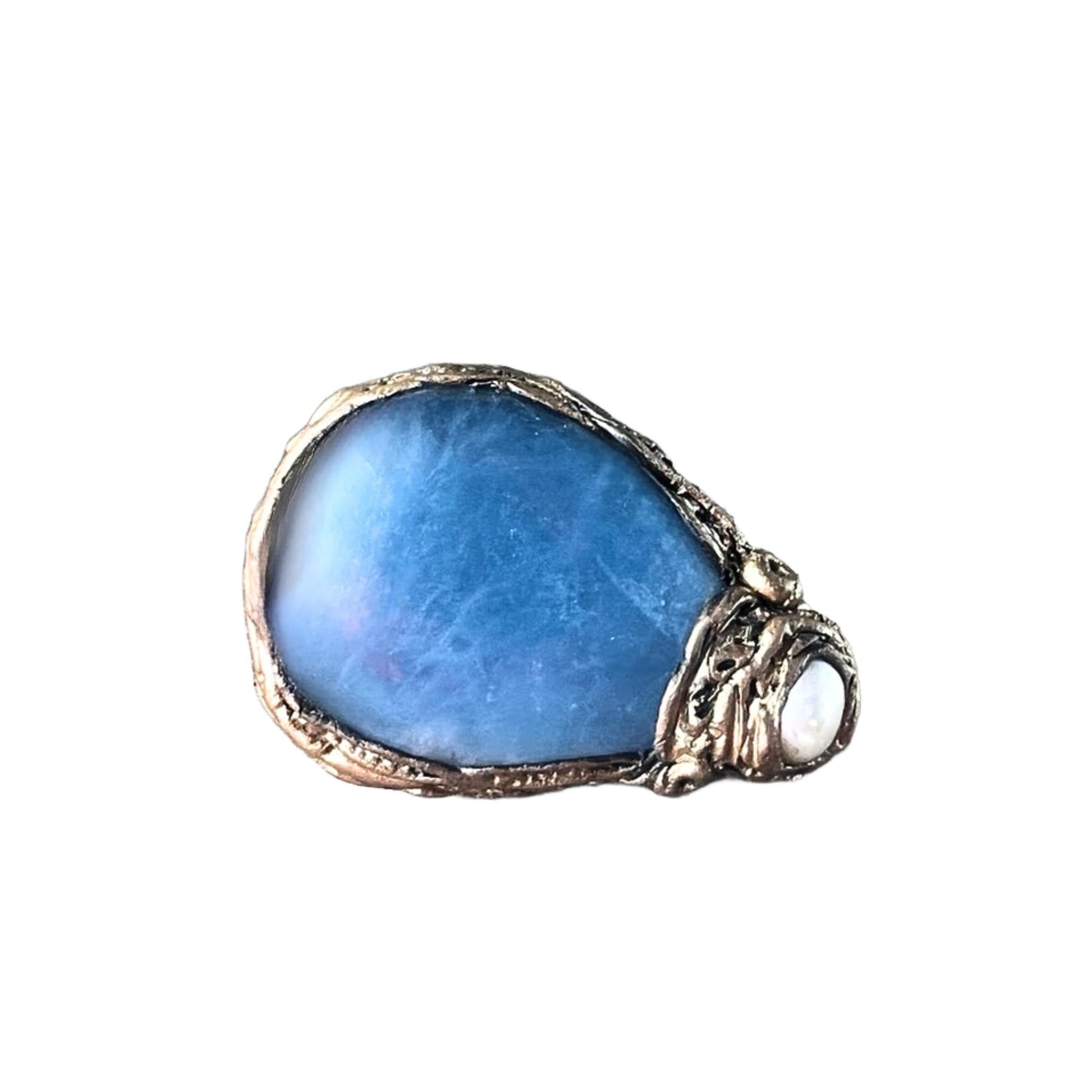 Aquamarine and Pearl Chunky Modern Ring -  Oversized Blue Teardrop Cocktail Ring