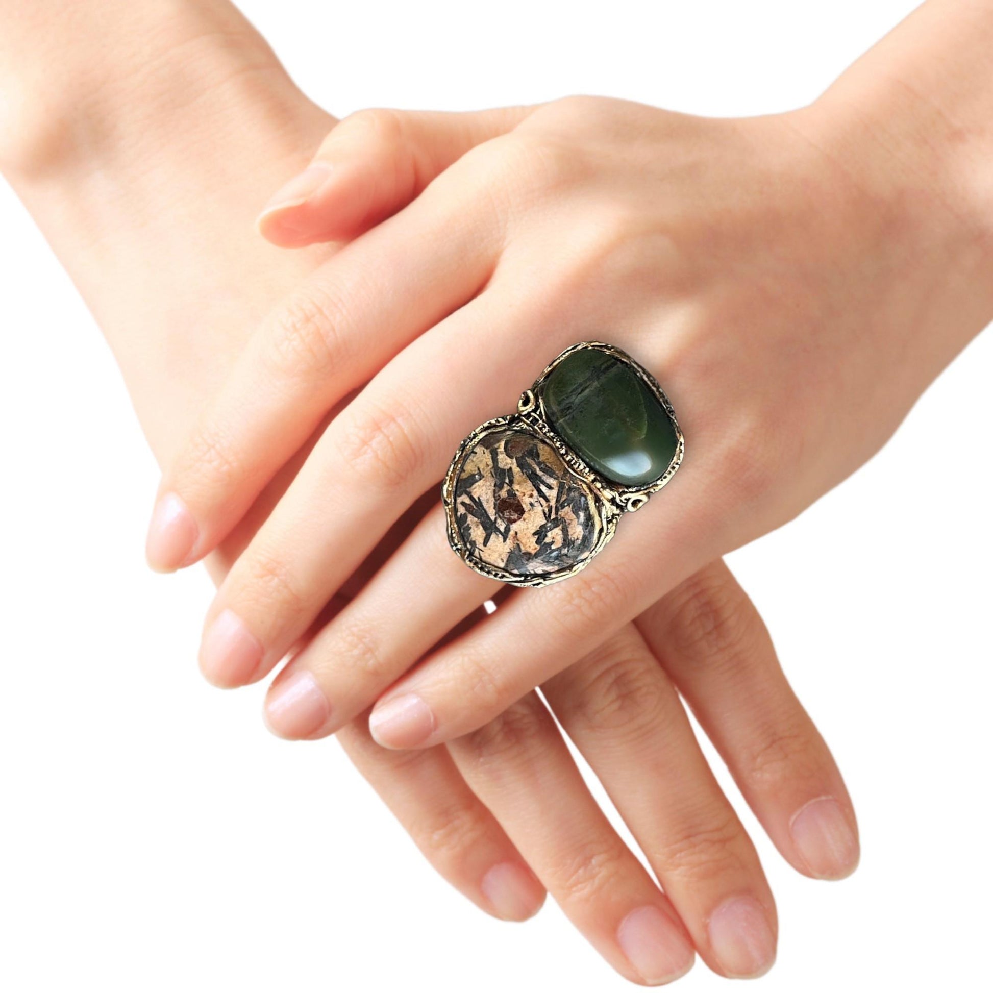 Jade and Grass Garnet Statement Ring - Chunky Green Stone Cocktail Ring