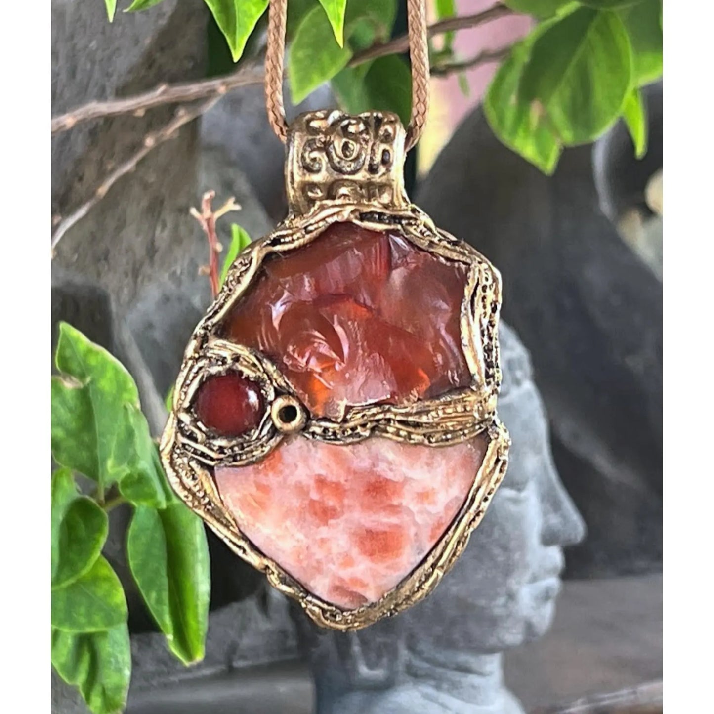 Carnelian Sunstone Chunky Pendant Necklace | Healing Crystal Amulet for Vitality