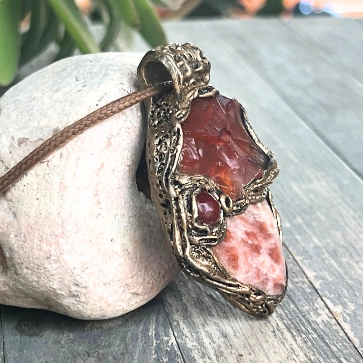 Carnelian Sunstone Chunky Pendant Necklace | Healing Crystal Amulet for Vitality