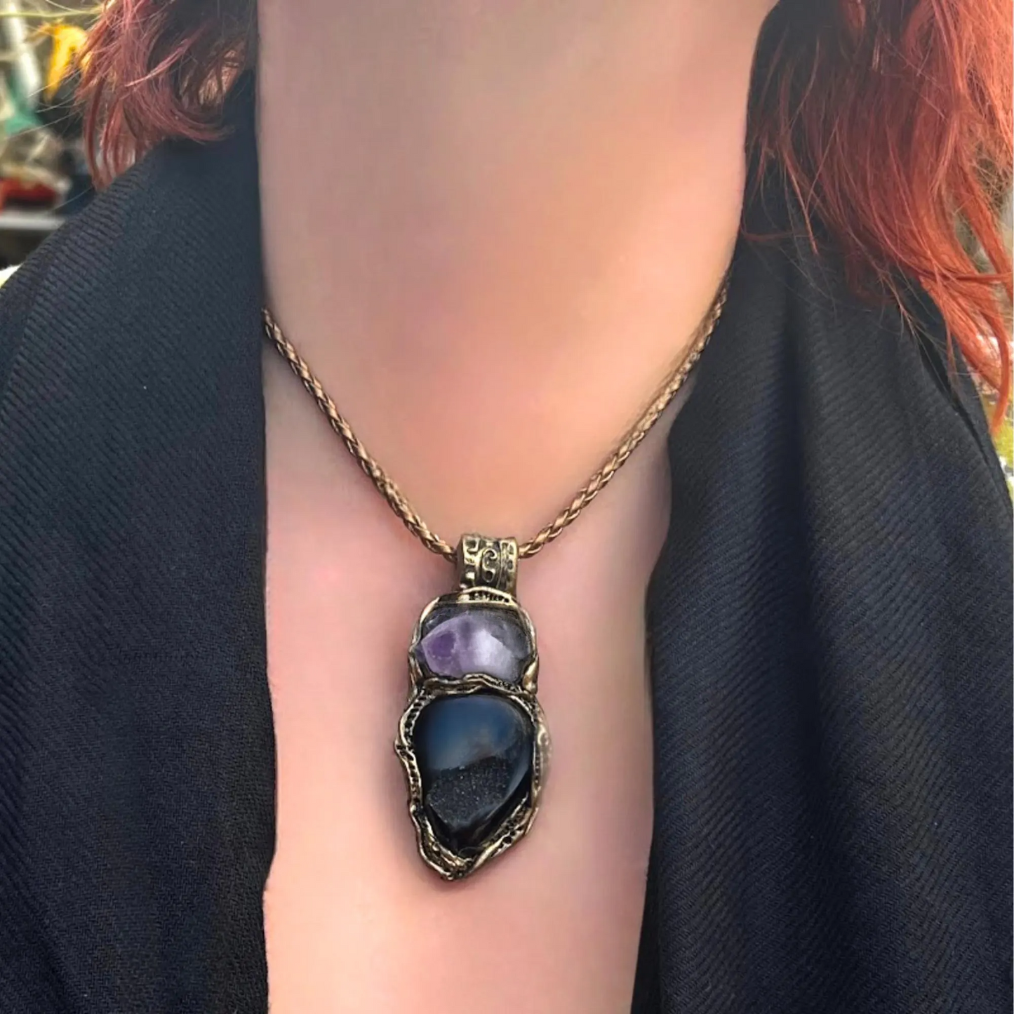 Amethyst and Druzy Onyx Pendant Necklace – Healing Crystal Amulet