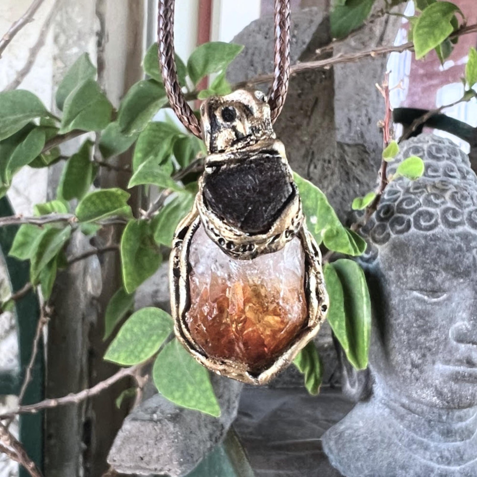 Citrine Crystal Pendant Necklace with Raw Carnelian