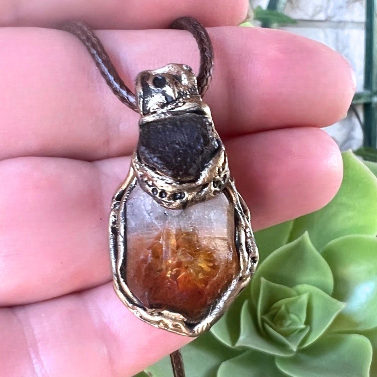Citrine Crystal Pendant Necklace with Raw Carnelian
