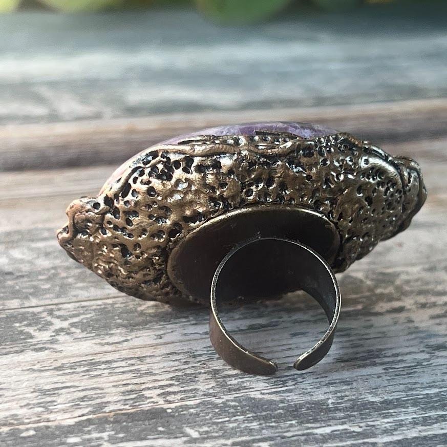 Chunky Purple Charoite Ring - Statement Gemstone Oval Cocktail Ring
