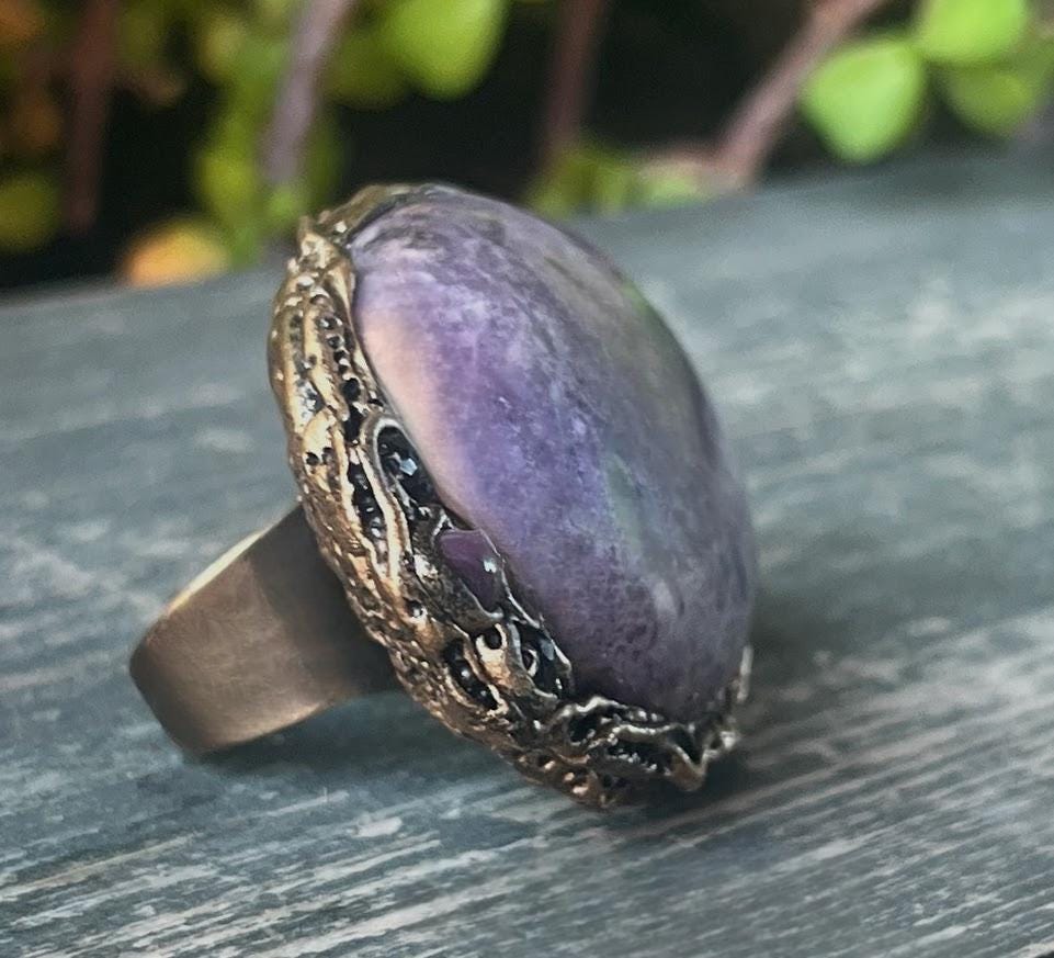 Chunky Purple Charoite Ring - Statement Gemstone Oval Cocktail Ring