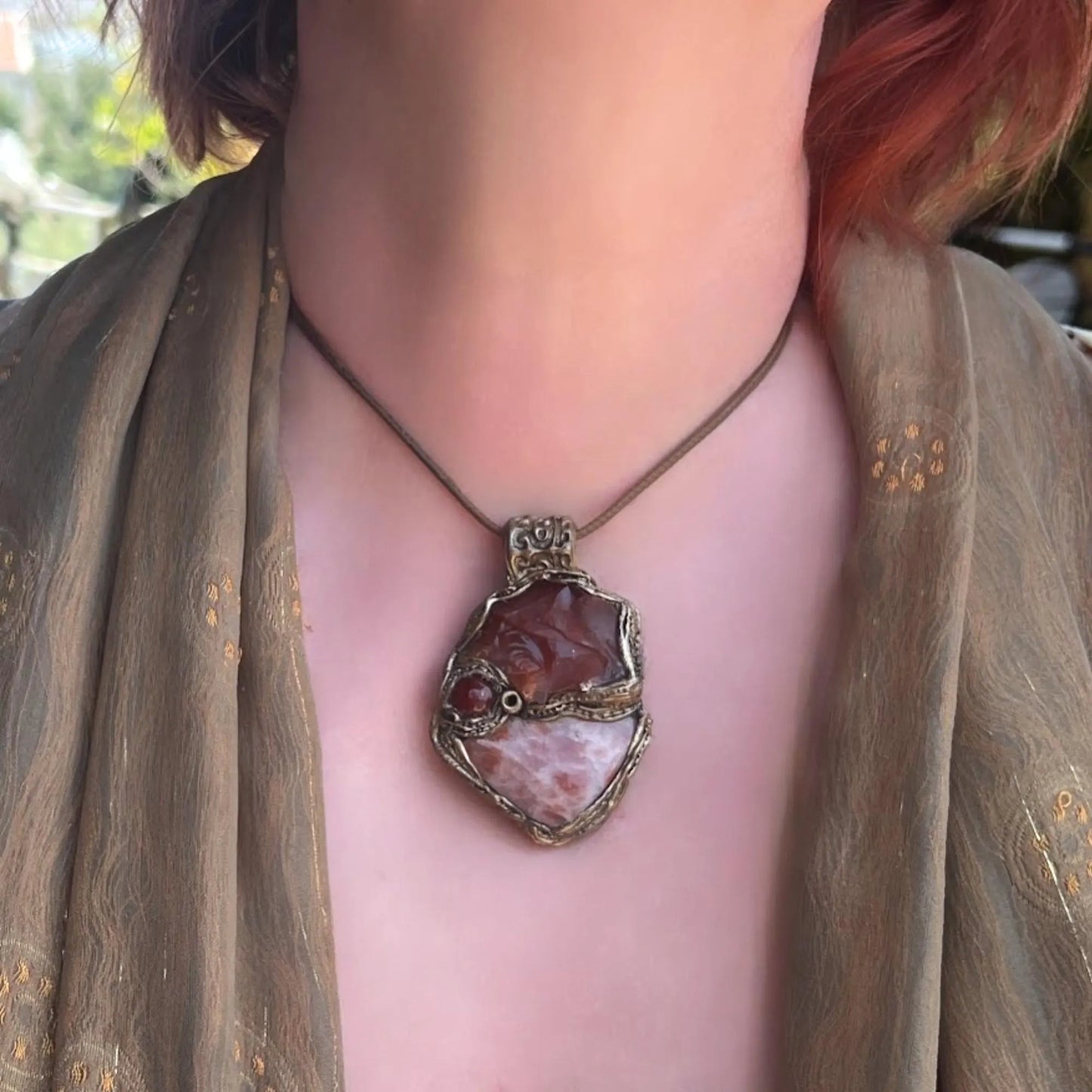 Carnelian Sunstone Chunky Pendant Necklace | Healing Crystal Amulet for Vitality