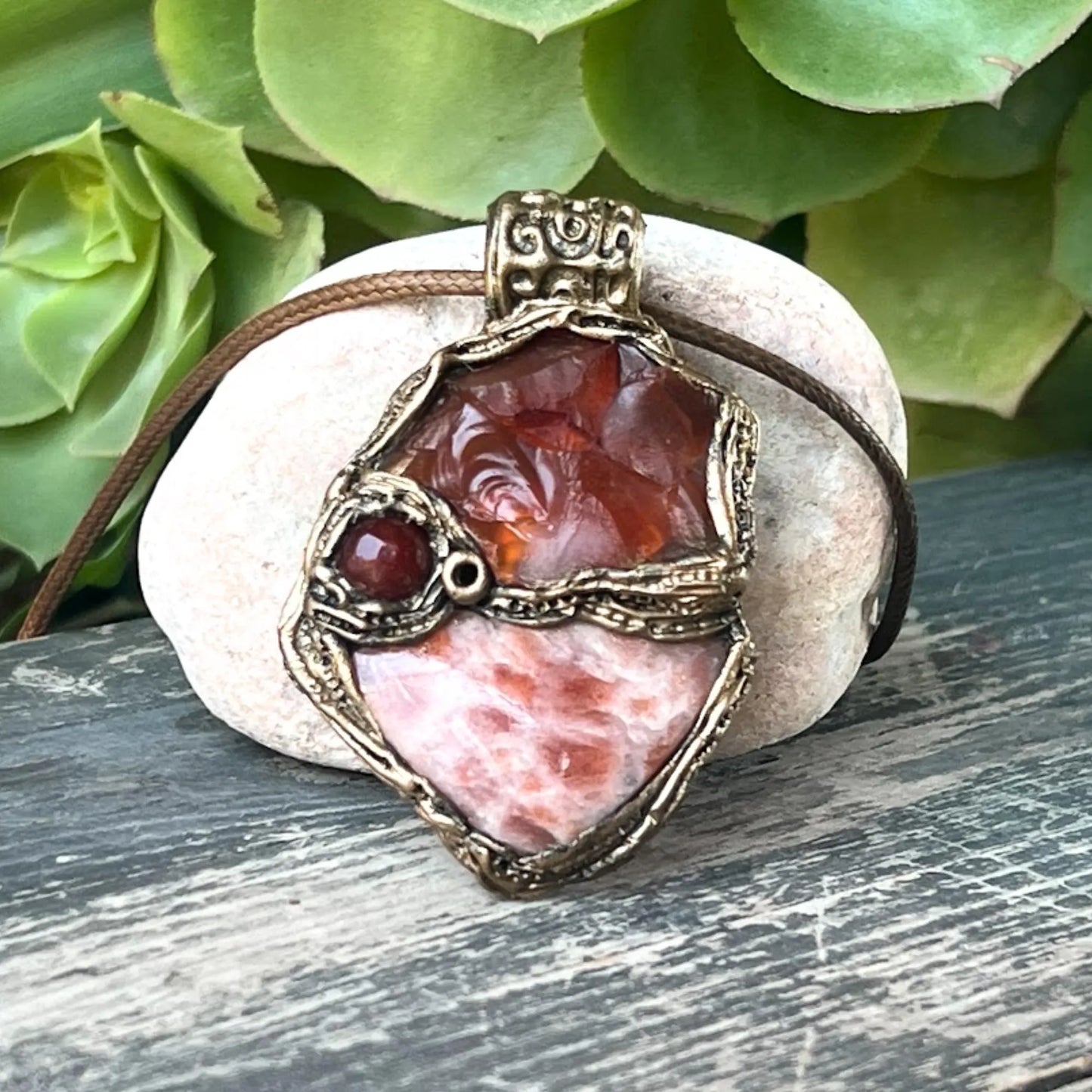Carnelian Sunstone Chunky Pendant Necklace | Healing Crystal Amulet for Vitality