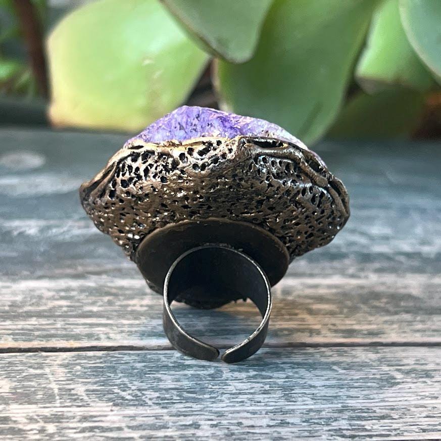 Chunky Chalcedony Calcite Ring - Purple Crystal Cocktail Jewelry